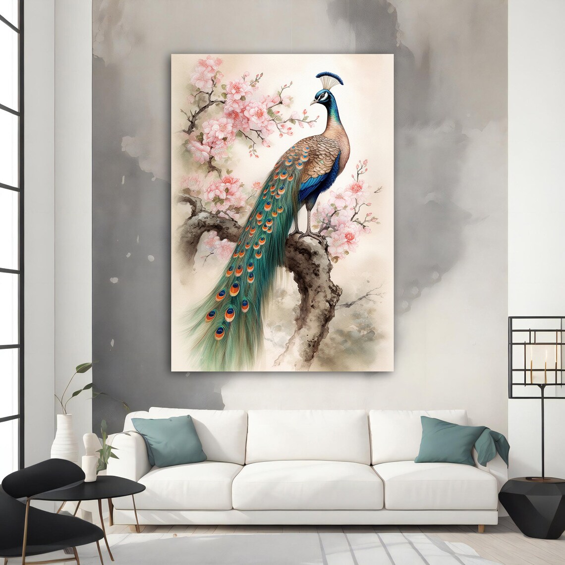 Peacock on Cherry Blossom Branch Watercolor Asian Animal Poster - Image 3
