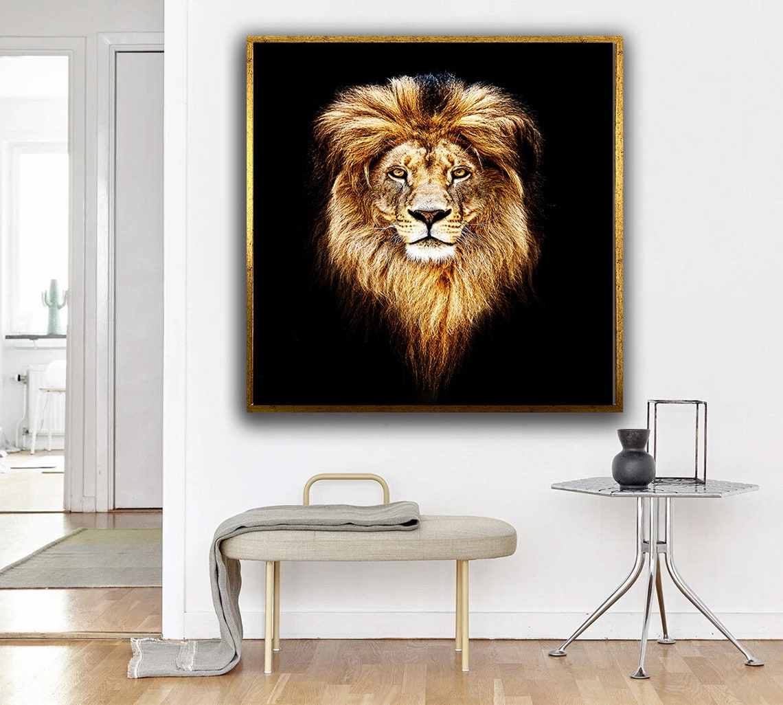 Majestic Lion Portrait Golden Mane Black Background Photo Art Poster - Image 5