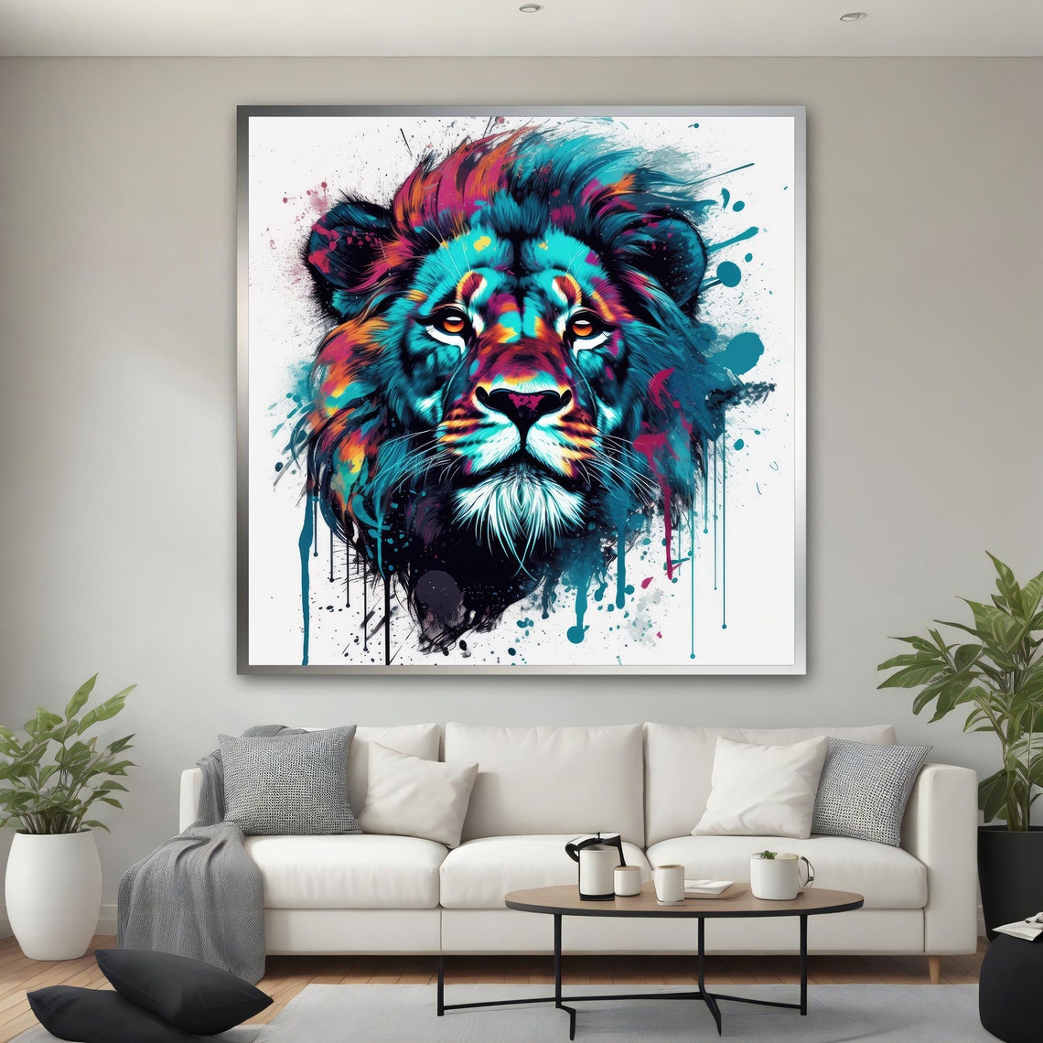 Colorful Lion Splash Art Teal Pink White Background Animal Poster - Image 2