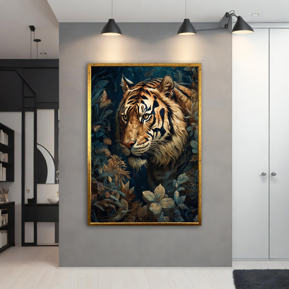 Tiger in Jungle Flowers Butterflies Dark Botanical Animal Poster - Image 3