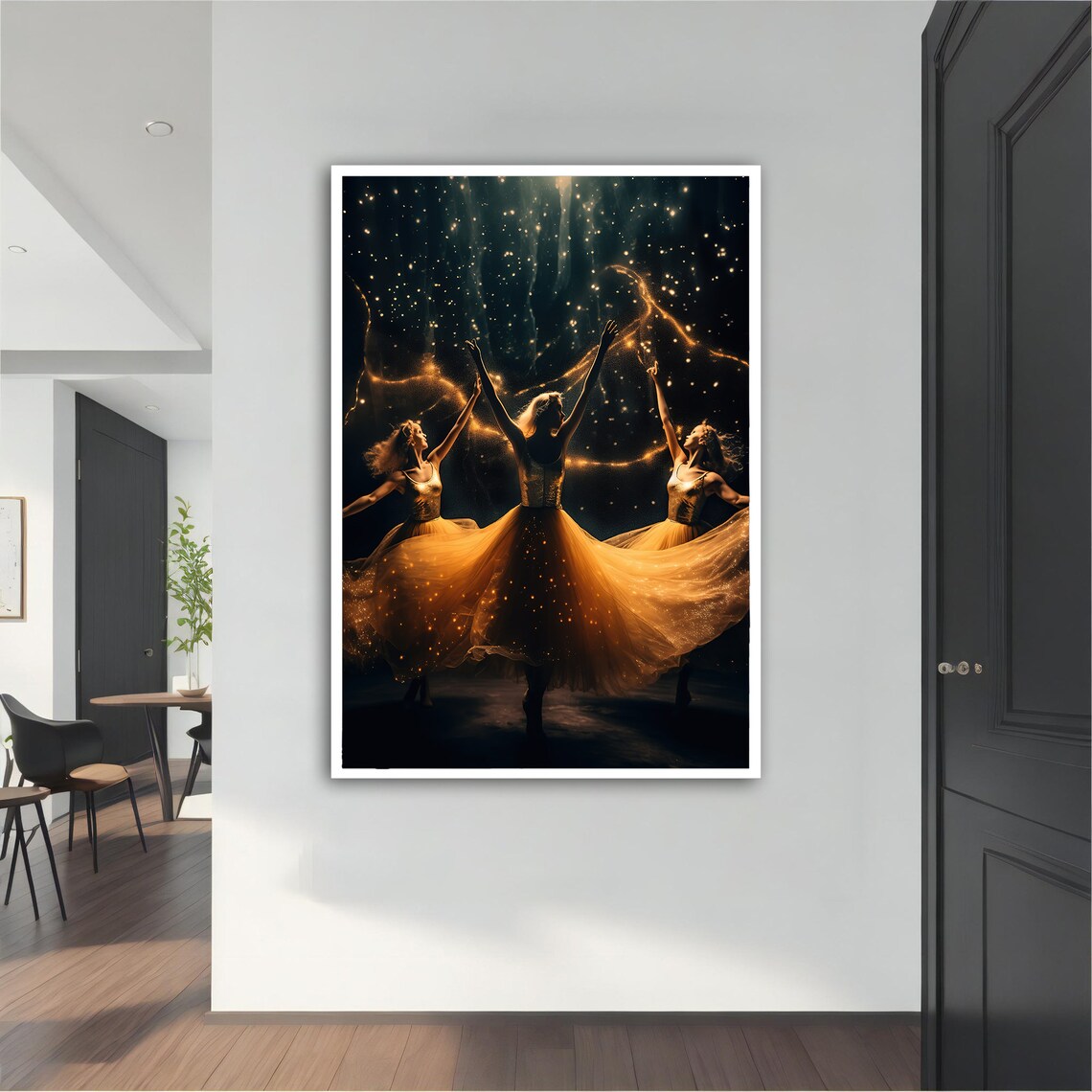 Golden Ballerinas Dancing Under Starry Night Sparkling Gowns Art Poster - Image 5