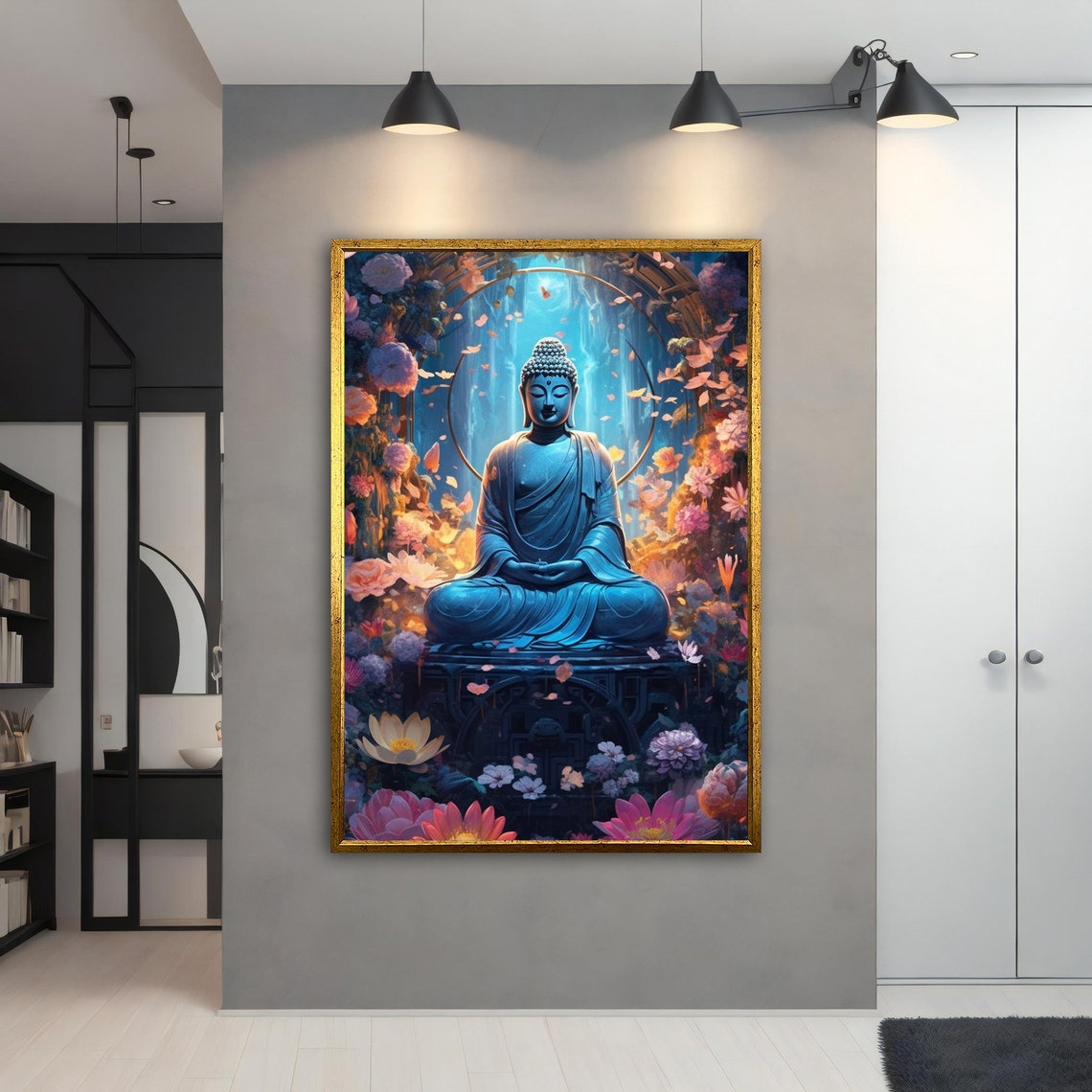 Blue Buddha Meditating Flowers Halo Serene Calm Asian Art Poster - Image 2