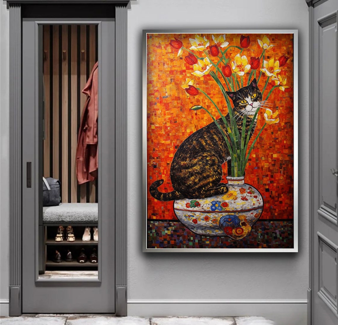 Cat On Flower Vase Tulips Mosaic Orange Background Art Poster - Image 4