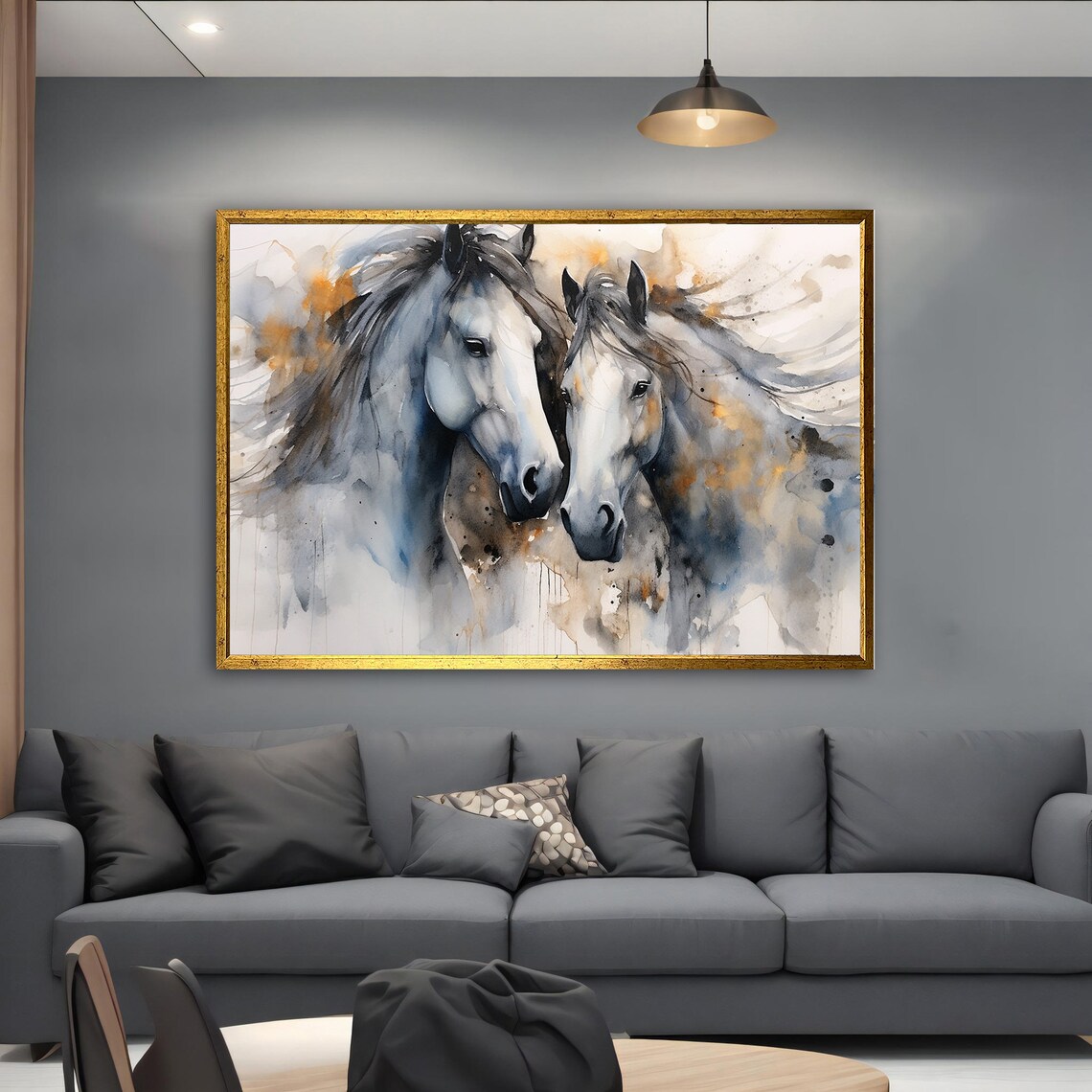 Two White Horses Watercolor Painting Elegant Equine Duo Wall Poster
