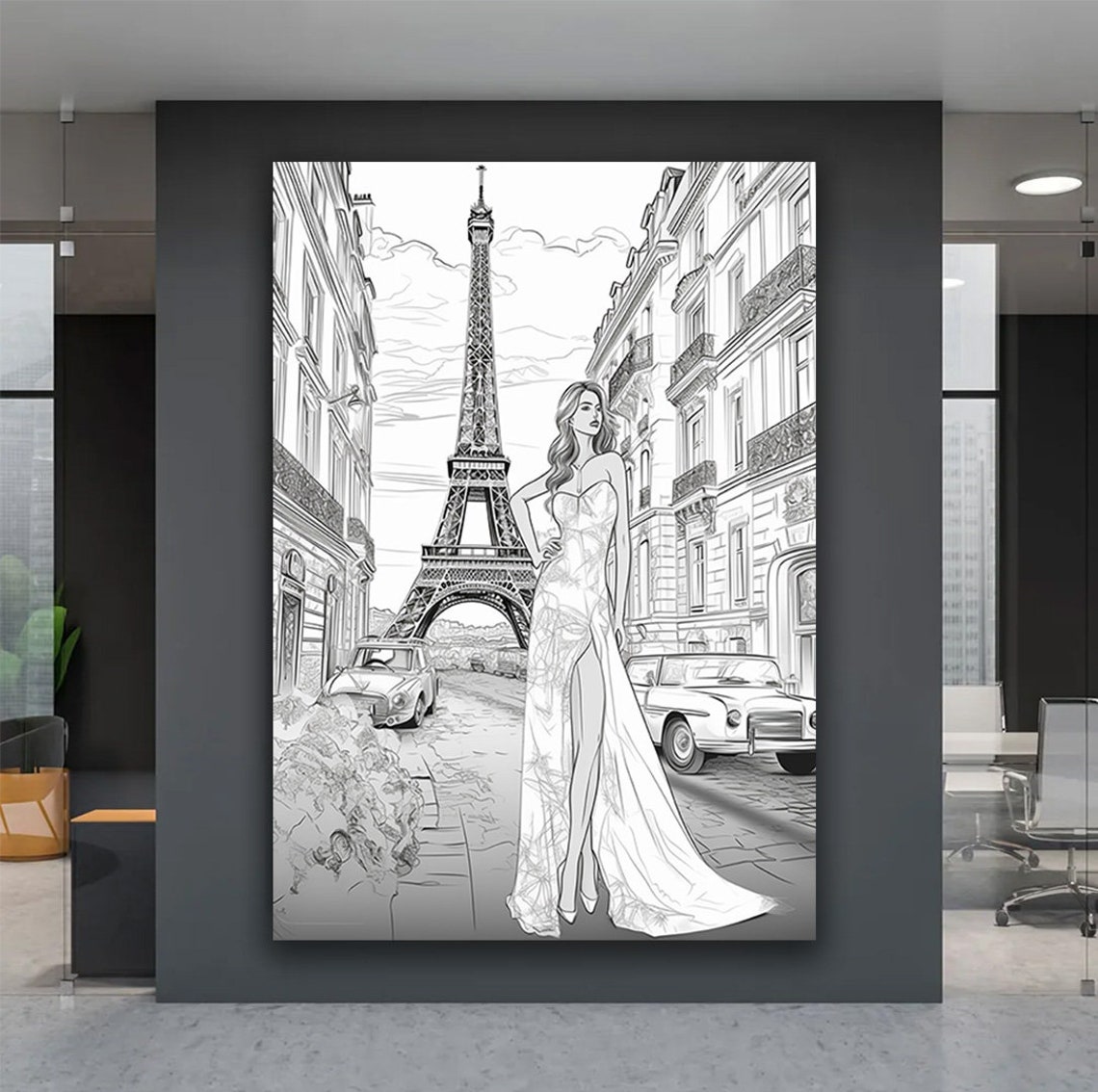Eiffel Tower Paris Woman Sketch Black White Street Art Poster - Image 5