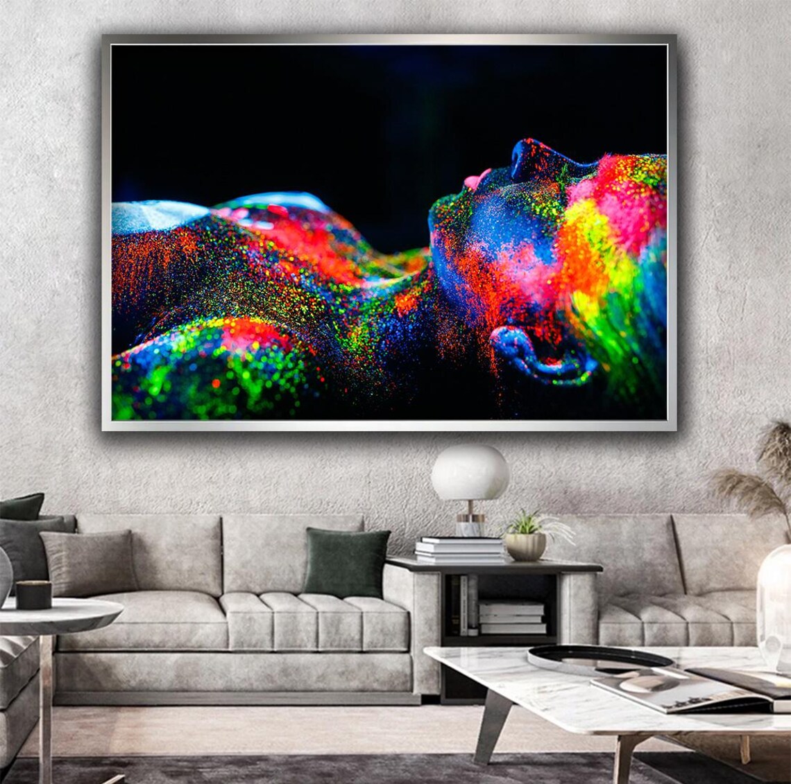 Neon Rainbow Body Paint Woman Portrait Dark Background Wall Art - Image 3