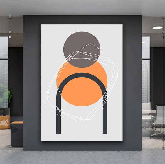 Boho Abstract Wall Art Geometric Line Art Minimalist Bohemian Painting Orange And Grey Abstract Painting