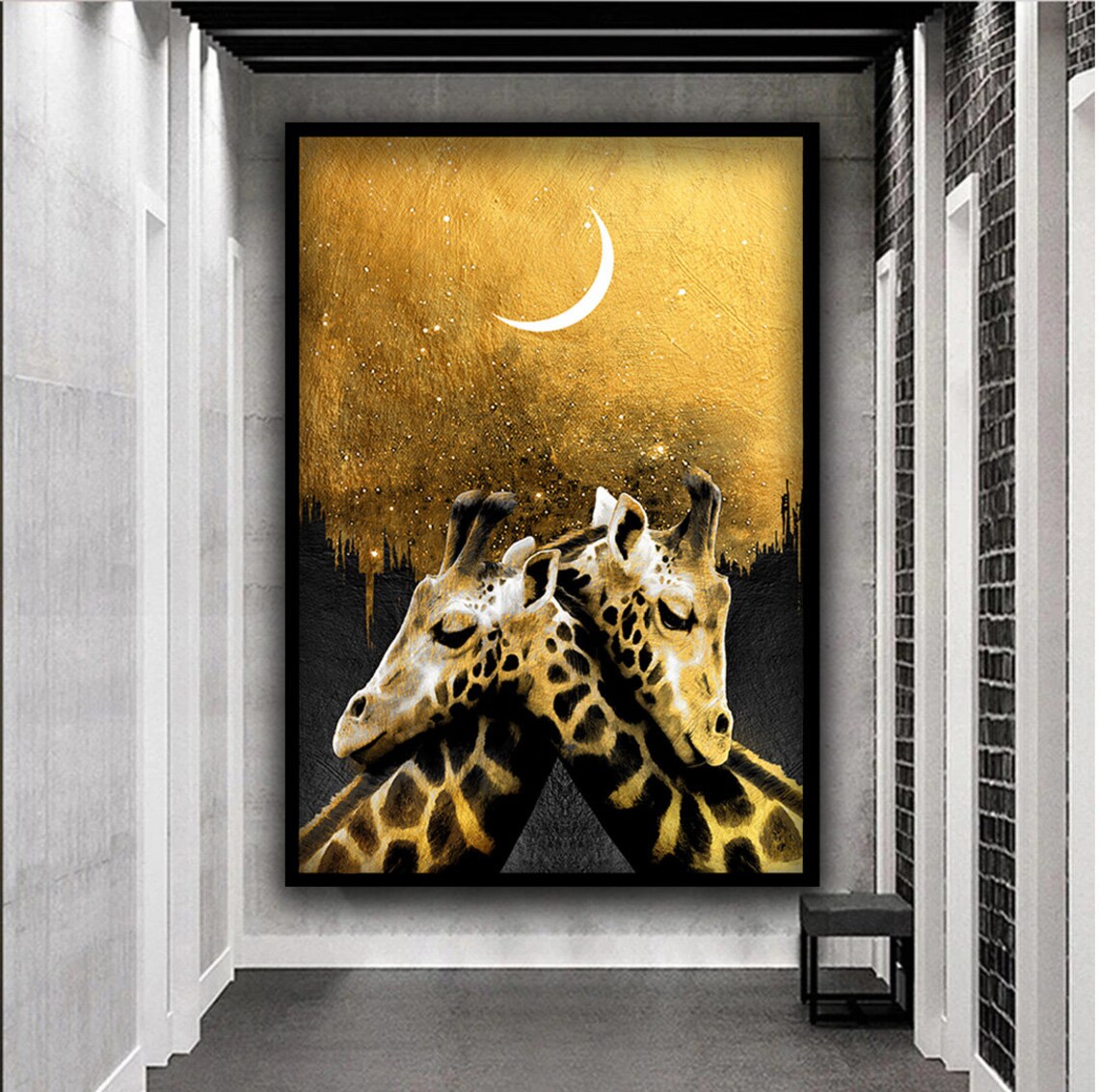 Golden Giraffe Couple Under Crescent Moon Starry Night Safari Art Poster - Image 3