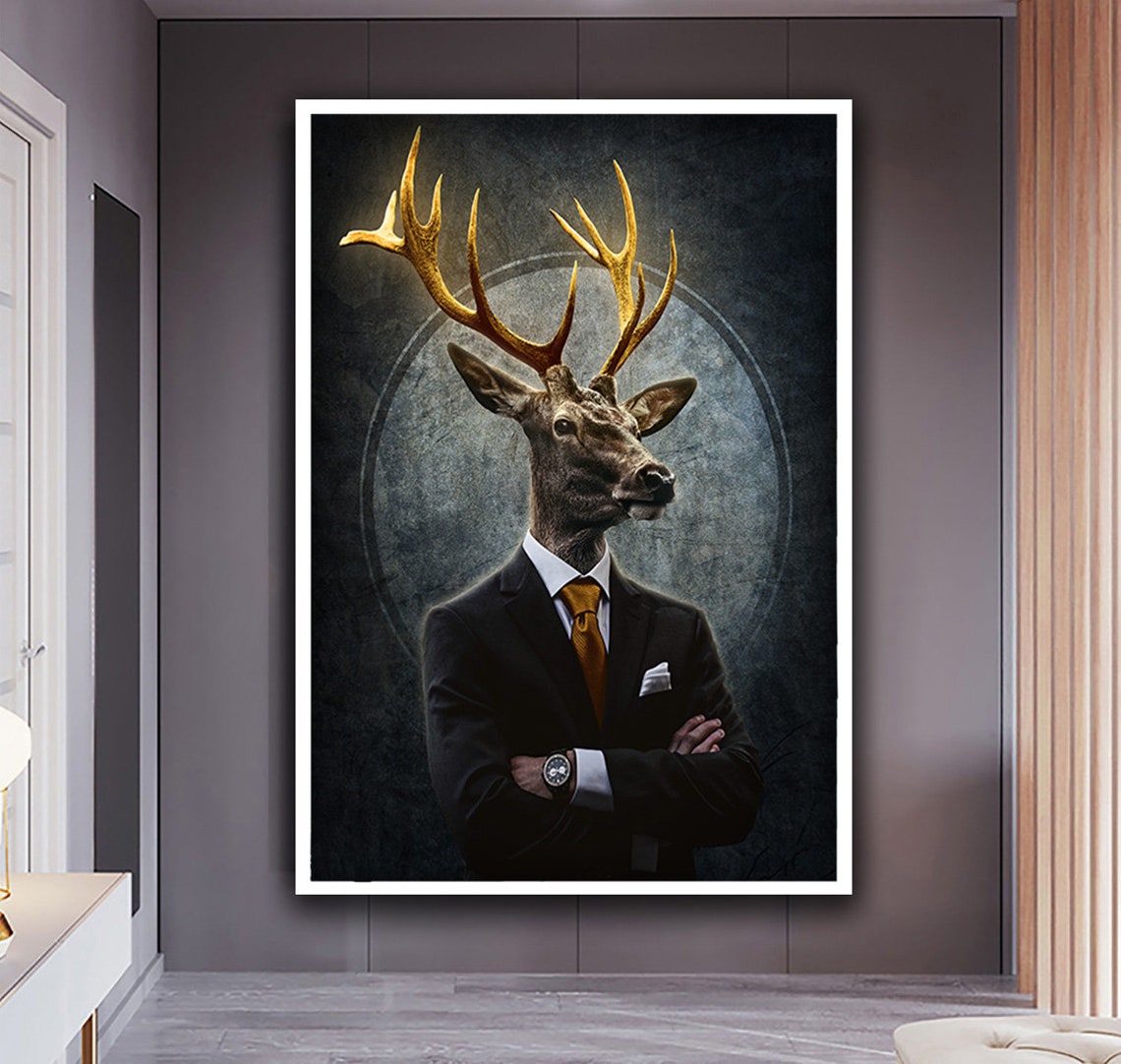 Gentleman Stag in Suit Golden Antlers Funny Animal Office Poster - Image 3