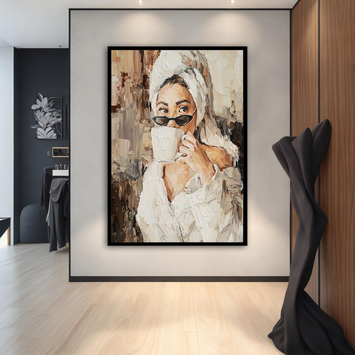 Woman Drinking Coffee Towel Head Neutral Beige Impasto Wall Art - Image 4