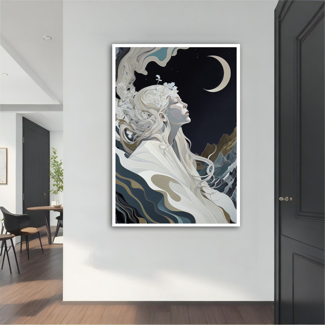 Moon Goddess Night Art Nouveau Pale Woman Crescent Moon Mountain Poster