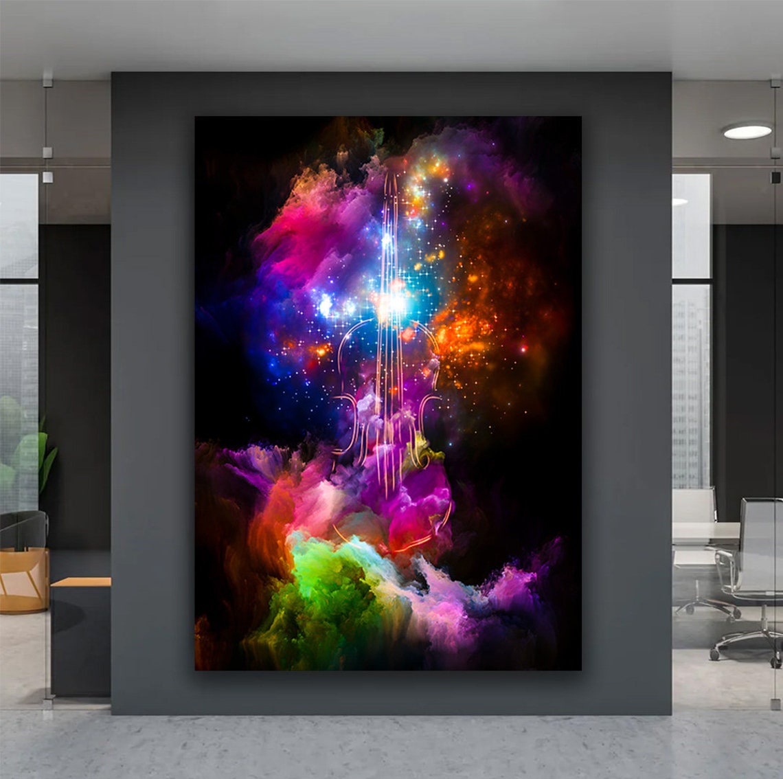 Neon Violin Cosmic Nebula Music Colorful Abstract Art Poster