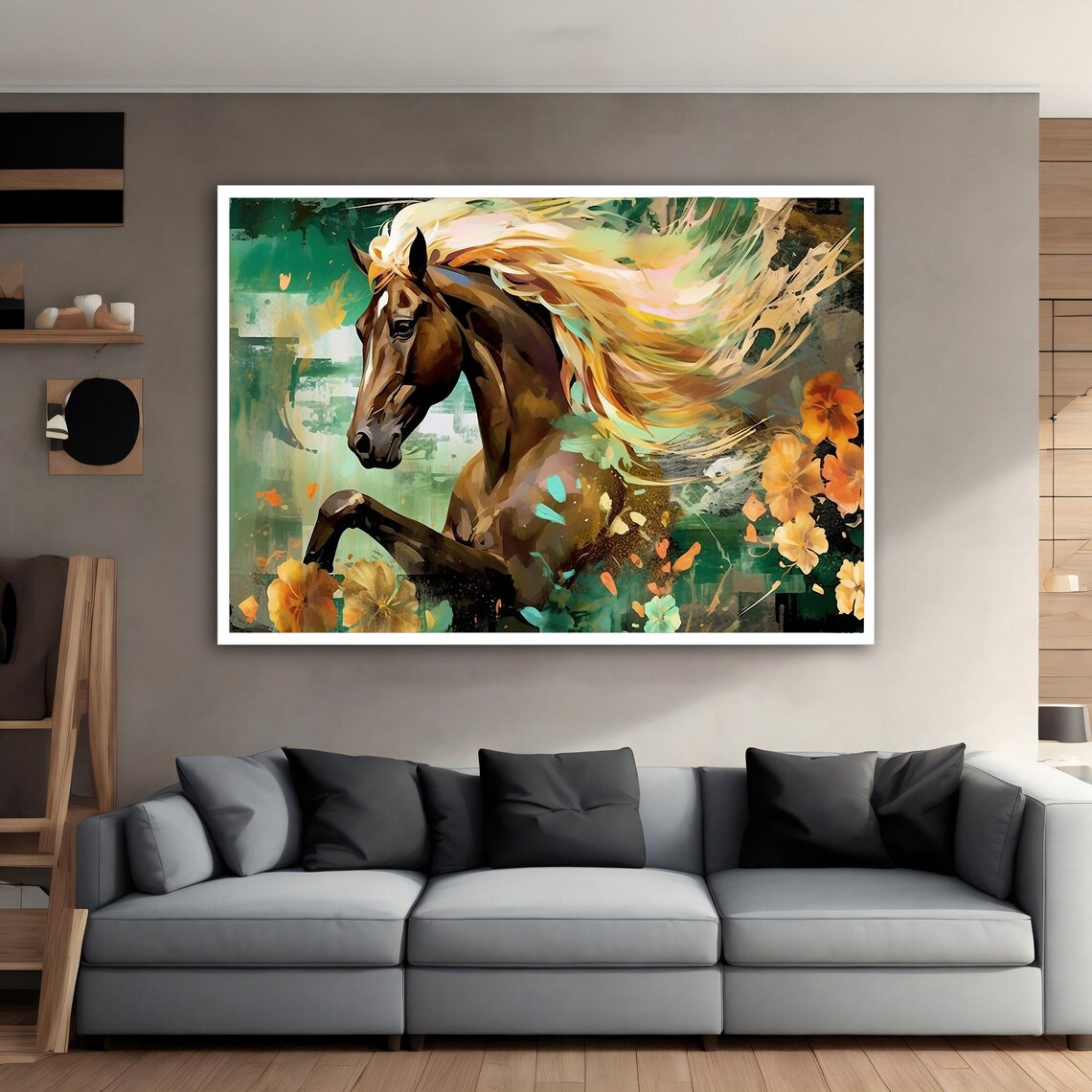 Prancing Brown Horse Flowing Golden Mane Floral Abstract Poster - Image 4