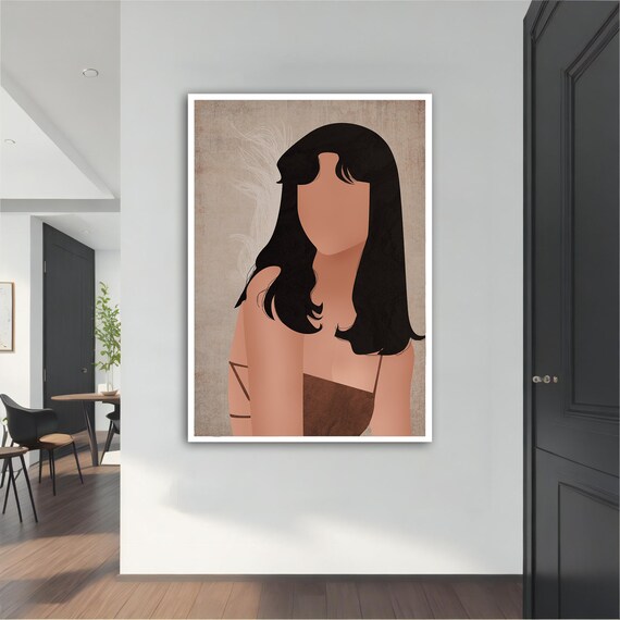 Minimalist Faceless Woman Black Hair Beige Neutral Portrait Wall Art