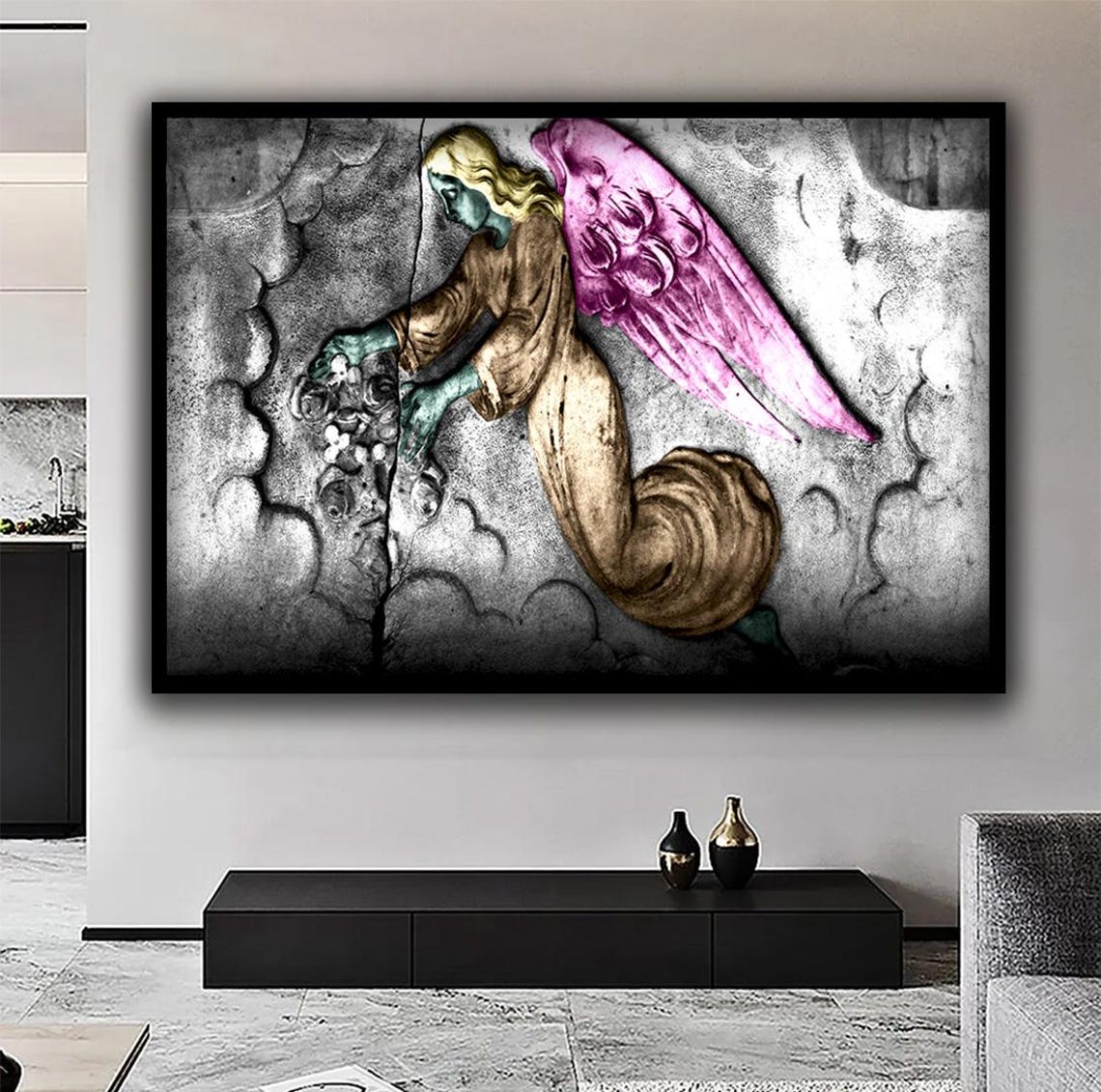 Pink Winged Angel Stone Carved Statue Gothic Wall Decor Print - Image 2