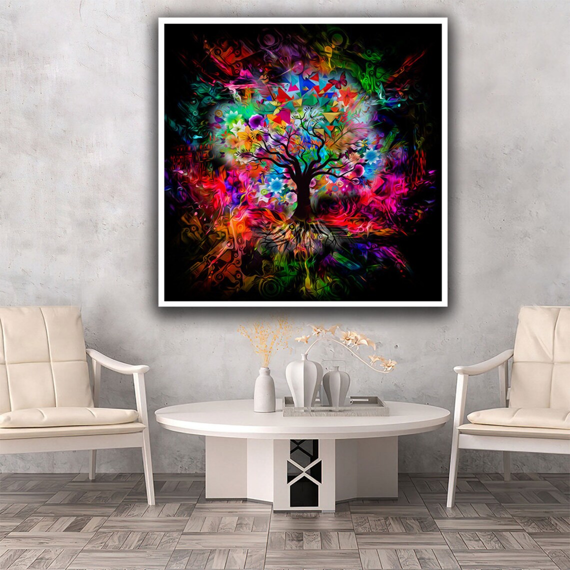 Vibrant Tree Of Life Explosion Neon Colors Abstract Black Art Poster - Image 3