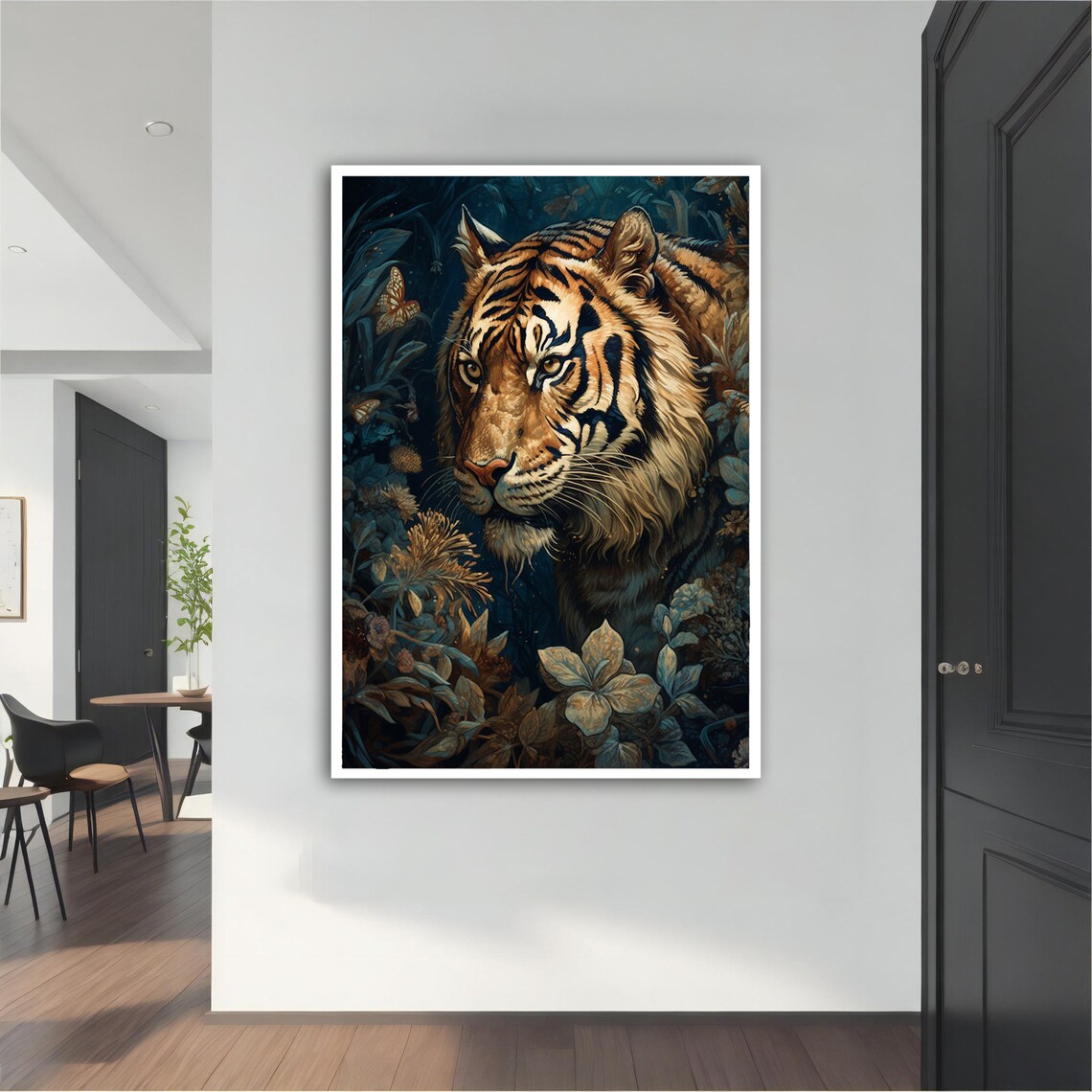 Tiger in Jungle Flowers Butterflies Dark Botanical Animal Poster