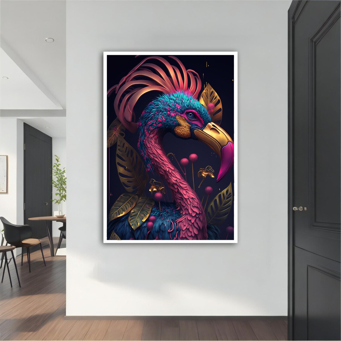 Fantasy Flamingo Teal Gold Feathers Dark Tropical Bird Art Wall Poster - Image 3