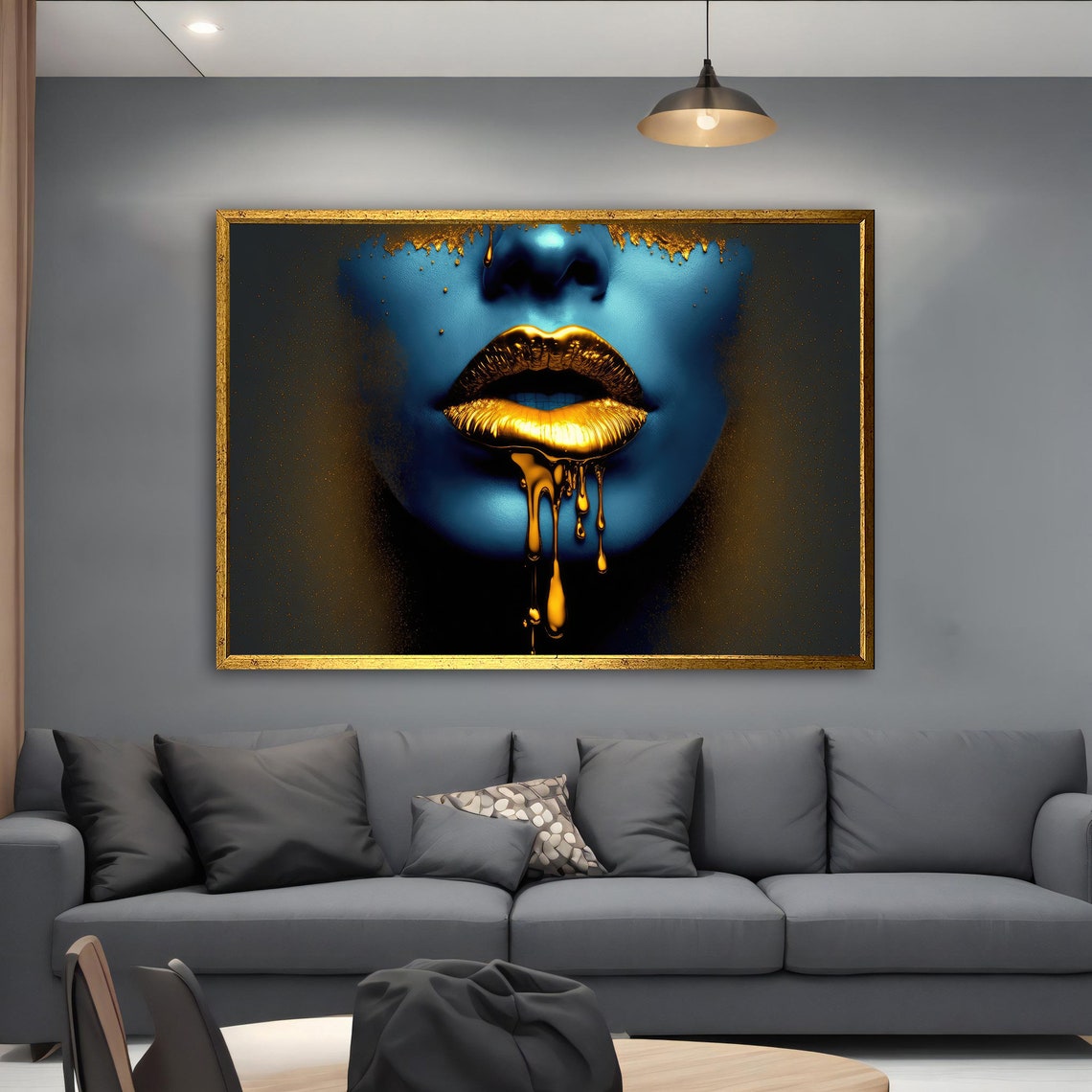 Blue Woman Face Dripping Gold Lips Bold Modern Glam Art Poster