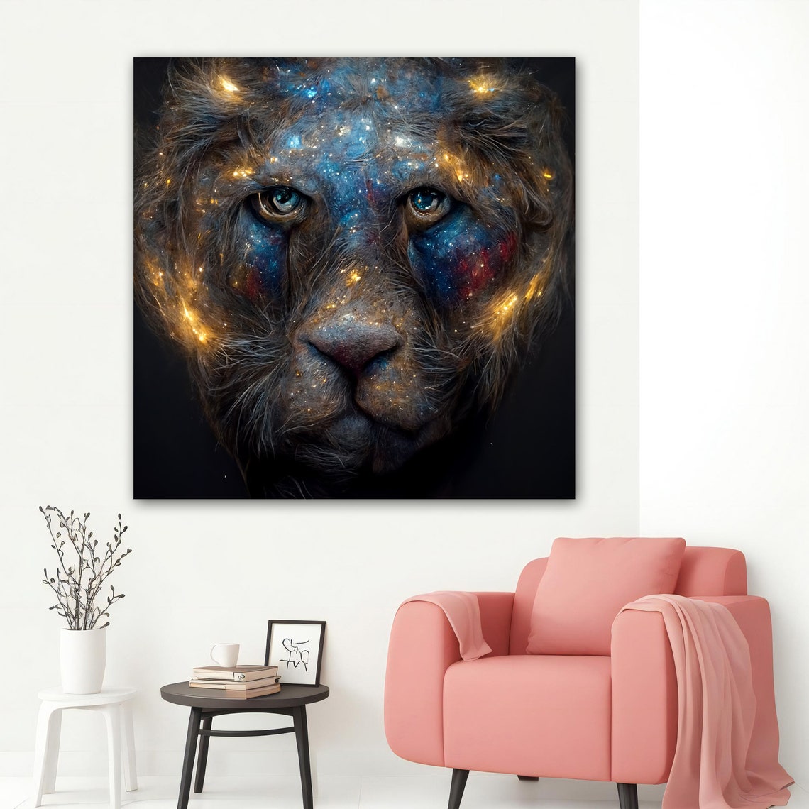 Galaxy Lioness Face Starry Cosmic Blue Gold Dark Animal Art Poster - Image 5