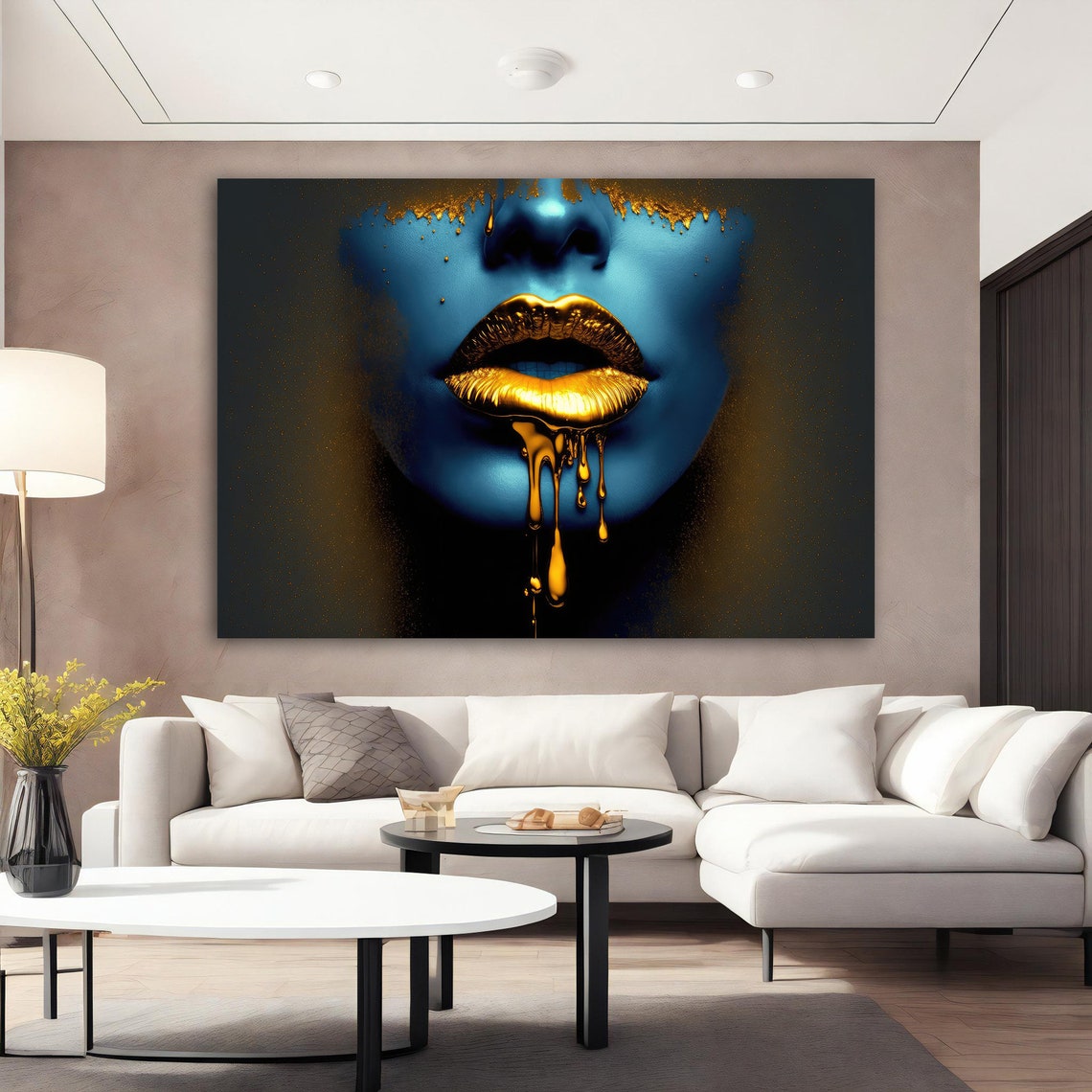 Blue Woman Face Dripping Gold Lips Bold Modern Glam Art Poster - Image 3