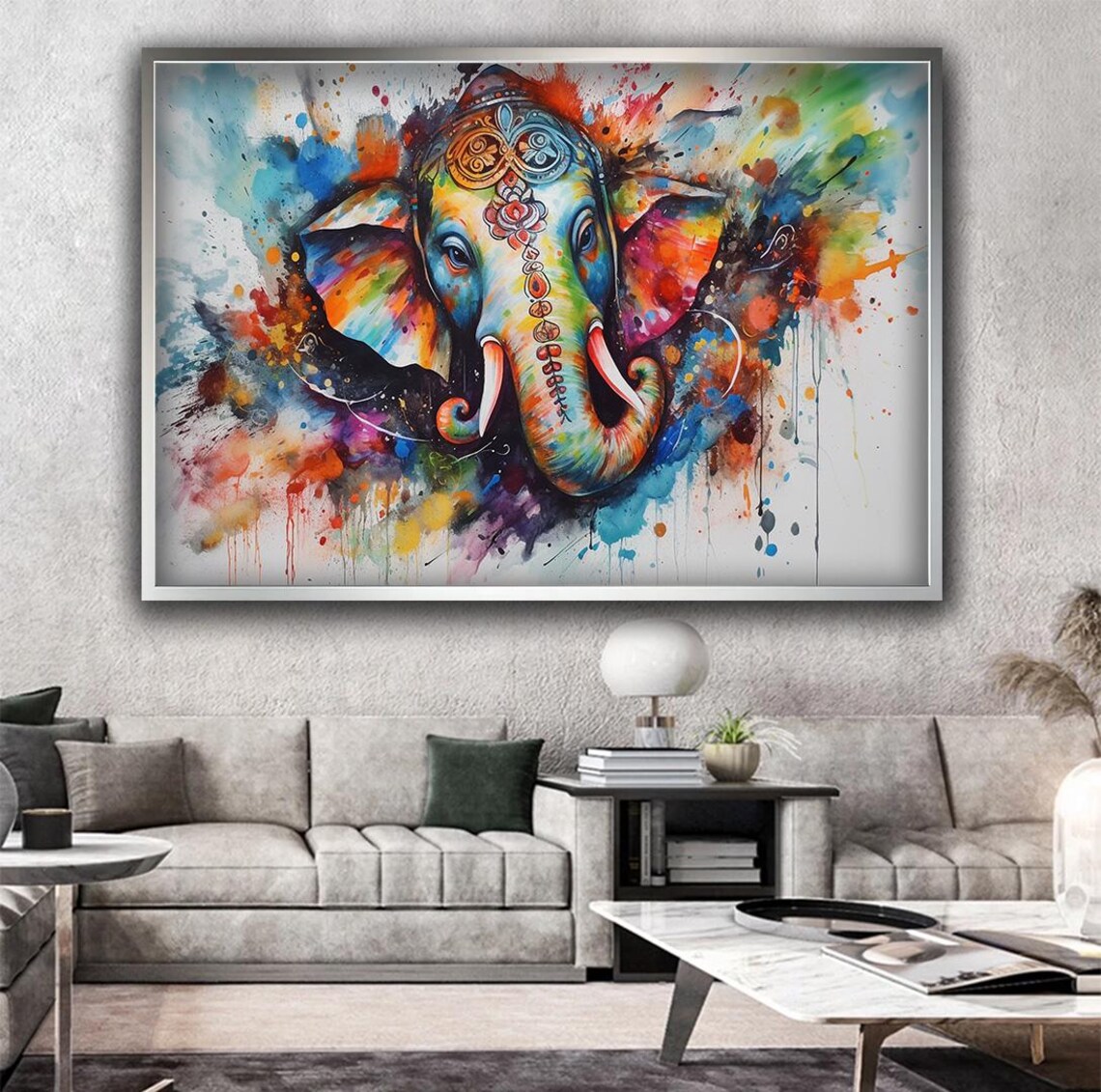 Colorful Indian Elephant Head Watercolor Bohemian Splash Art Wall Print - Image 2