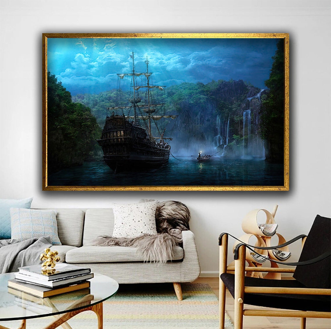 Moonlit Pirate Ship Tropical Cove Waterfall Fantasy Wall Art - Image 3