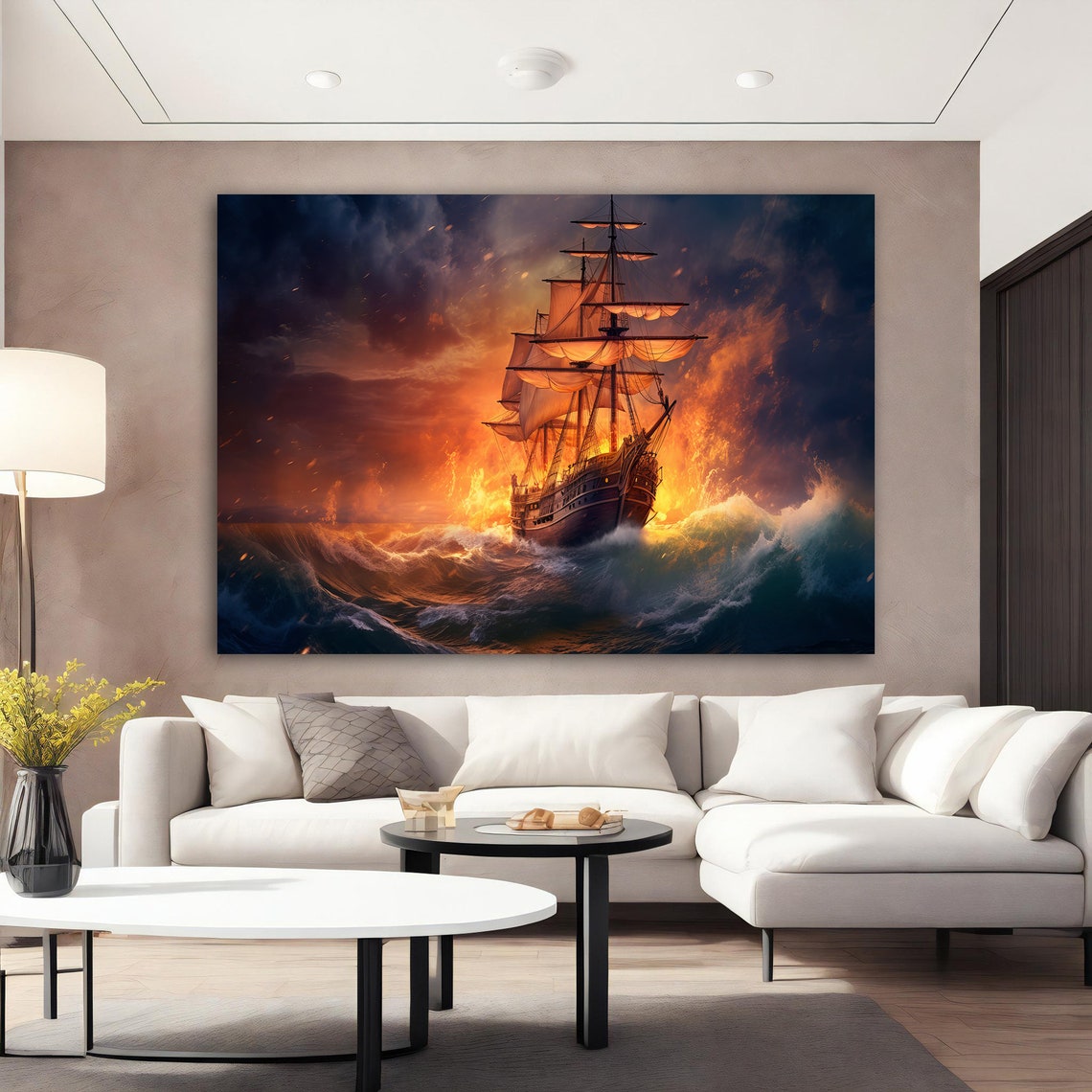 Tall Ship Fiery Sunset Sails Dramatic Ocean Waves Wall Art Print