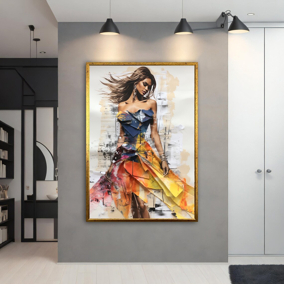 Fashion Woman Colorful Collage Dress Windblown Hair Wall Art Print - Image 4