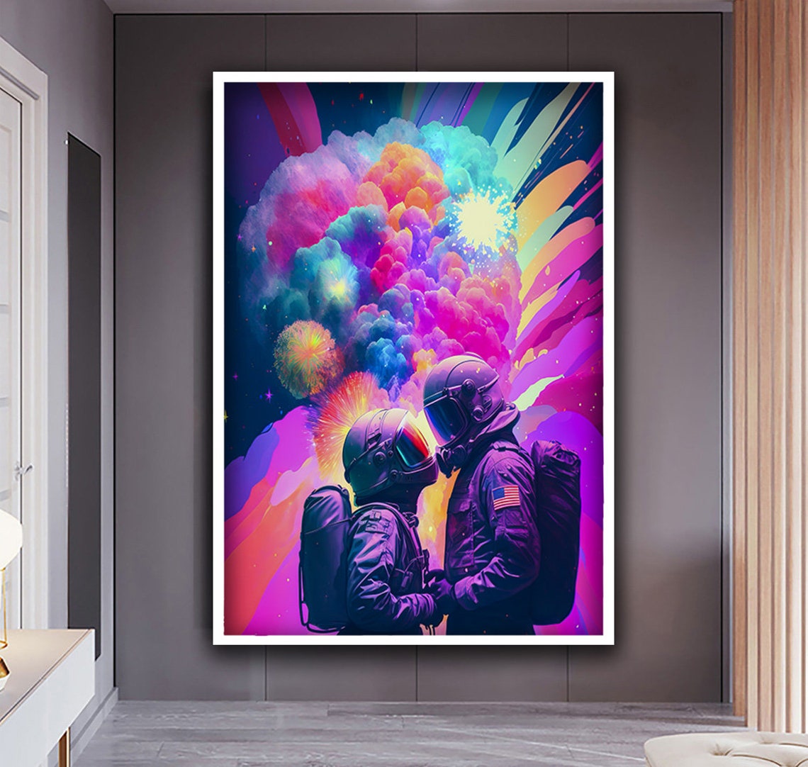 Astronaut Couple Love In Space Colorful Neon Galaxy Art Poster - Image 3