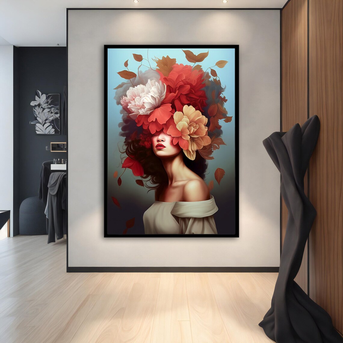 Woman Flower Head Peony Bloom Colorful Botanical Portrait Wall Art - Image 4