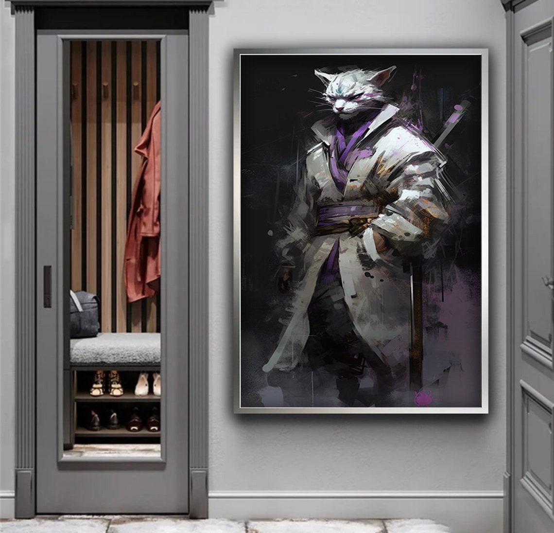 Samurai Cat Warrior Portrait White Kimono Sword Feline Wall Poster - Image 3