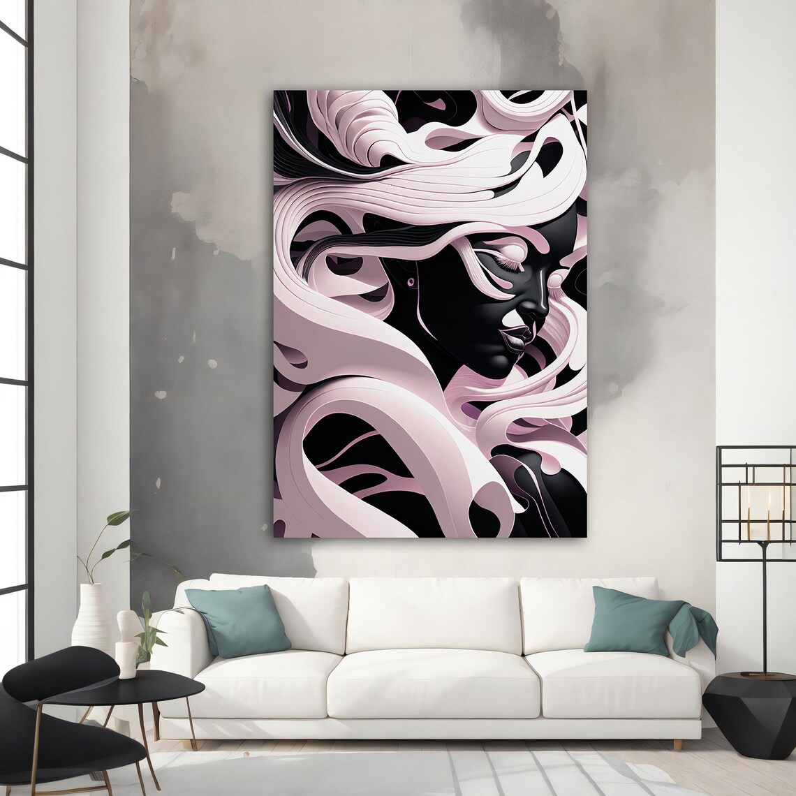 Surreal White Ribbon Woman Portrait Elegant Black Background Art Poster - Image 3