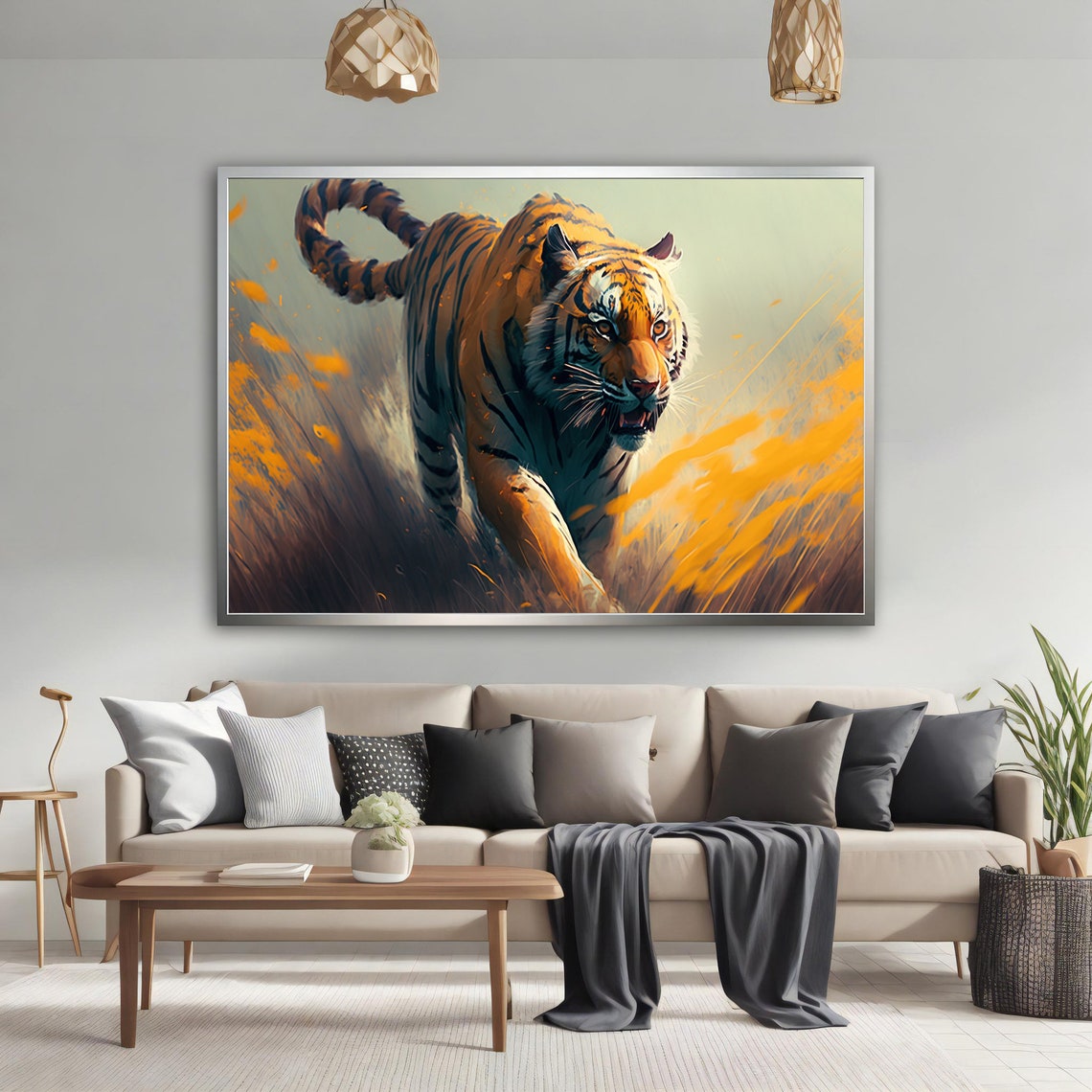 Tiger Walking Golden Grass Dramatic Wildlife Prowl Art Poster - Image 4