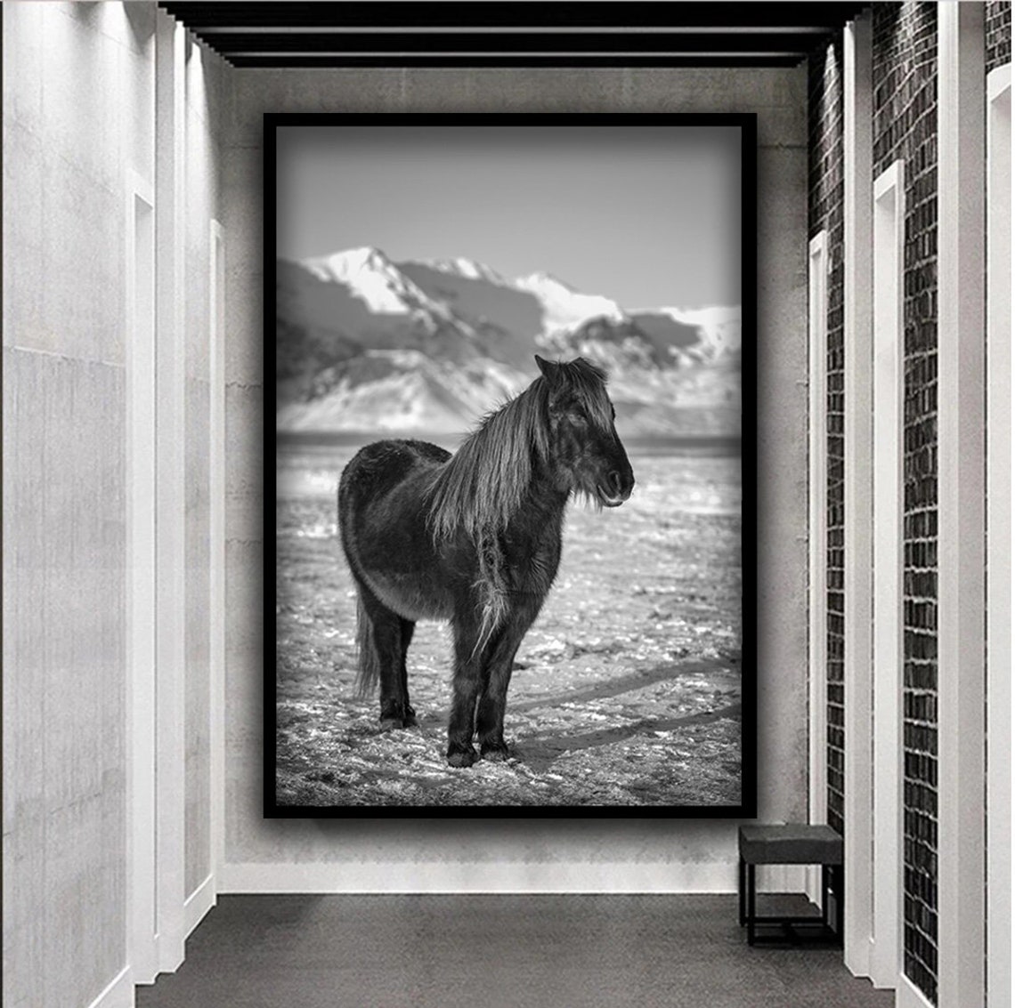 Black and White Wild Horse in Snowy Mountain Field Photo Print - Image 4