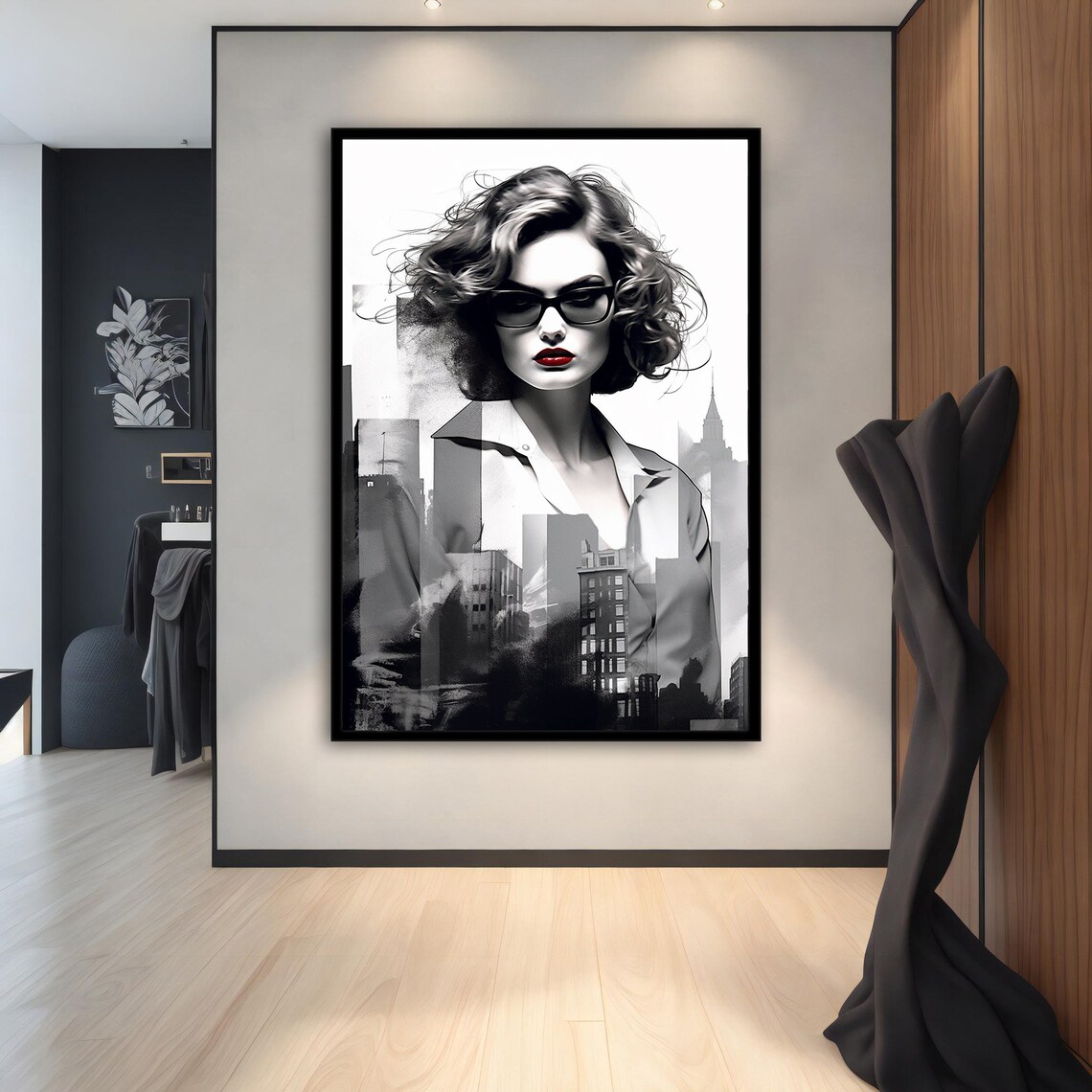 Black and White Woman with Red Lips City Skyline Double Exposure Poster - Image 2