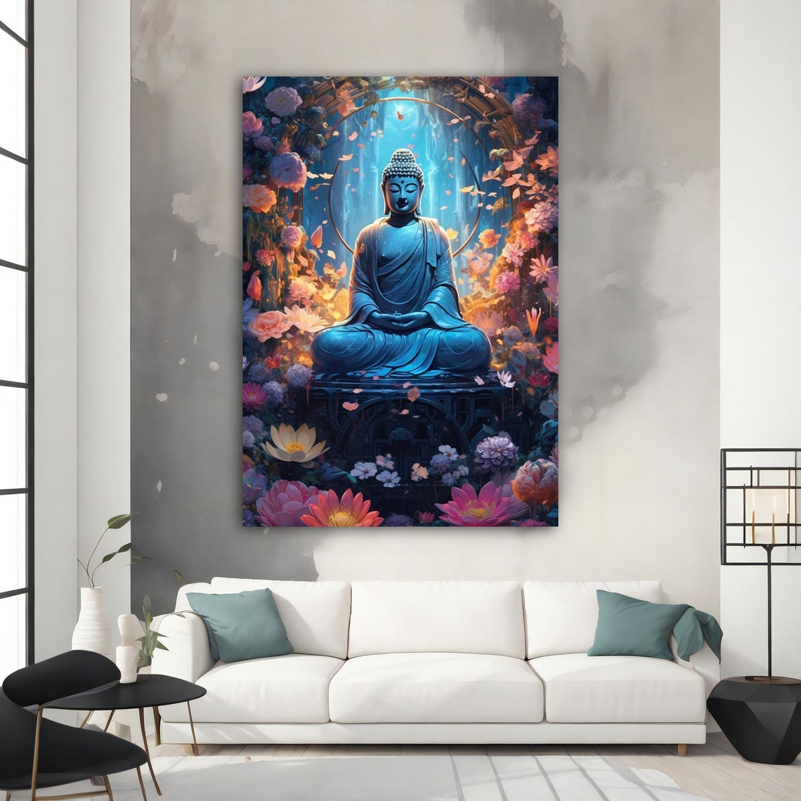 Blue Buddha Meditating Flowers Halo Serene Calm Asian Art Poster - Image 3