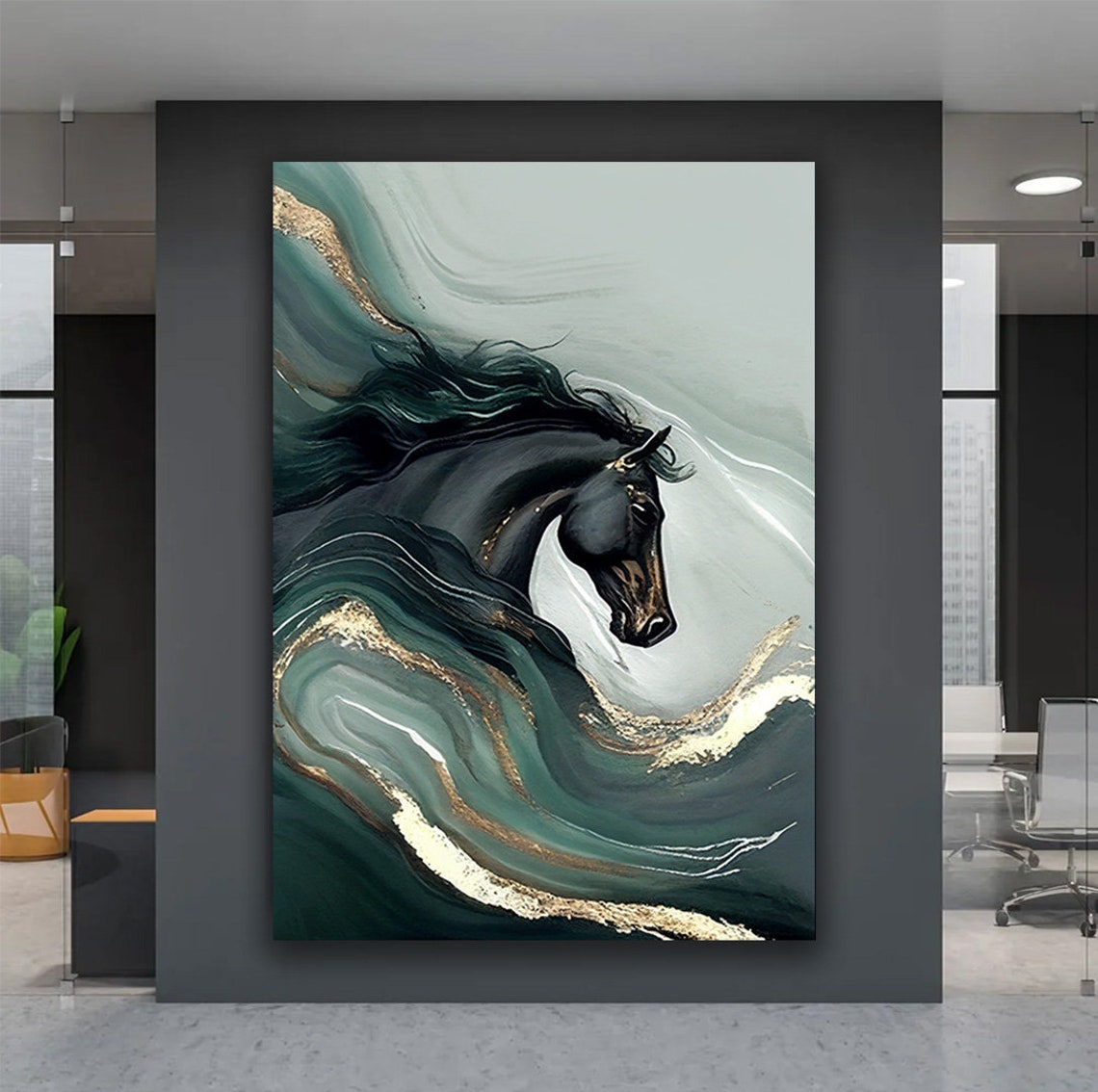 Black Horse Emerging from Teal and Gold Marbled Waves Abstract Poster - Image 4