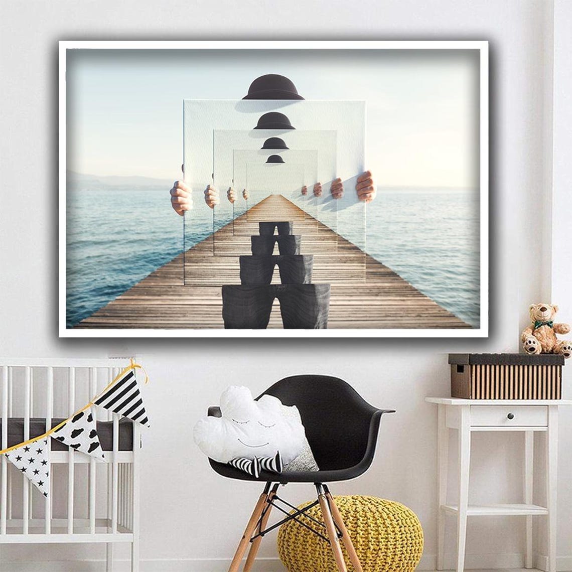 Surreal Man Holding Mirror Optical Illusion Lake Pier Wall Art - Image 4