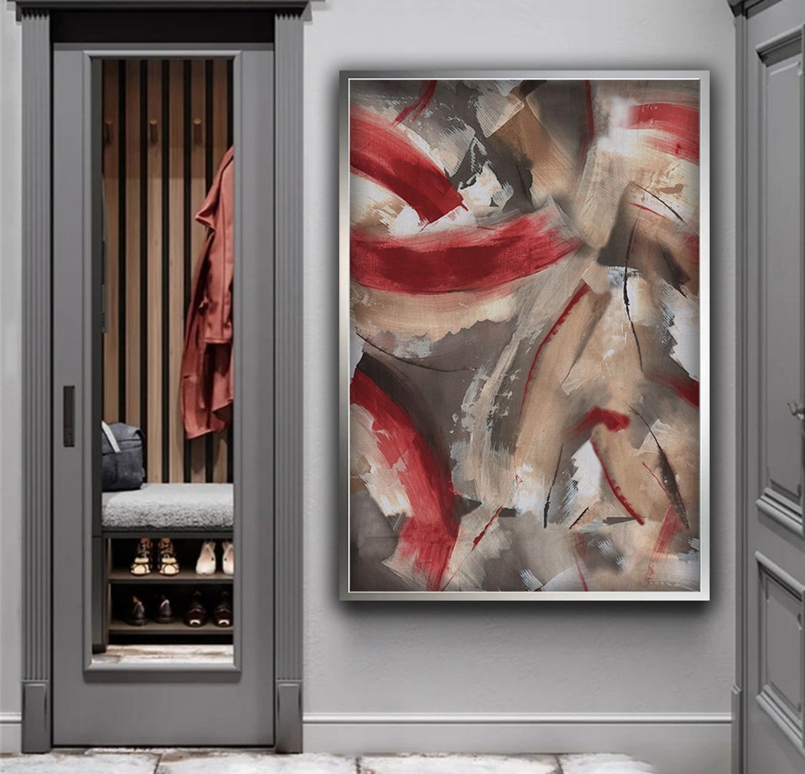 Dark Red Brown Grey Abstract Brushstroke Swirl Modern Art Poster - Image 4