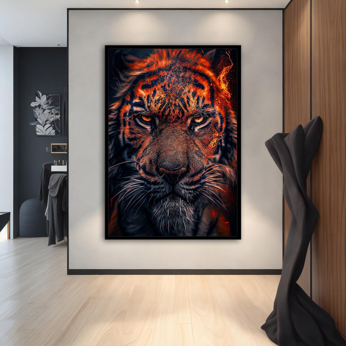 Fiery Tiger Face Close Up with Blazing Orange Eyes Dark Art Poster - Image 2