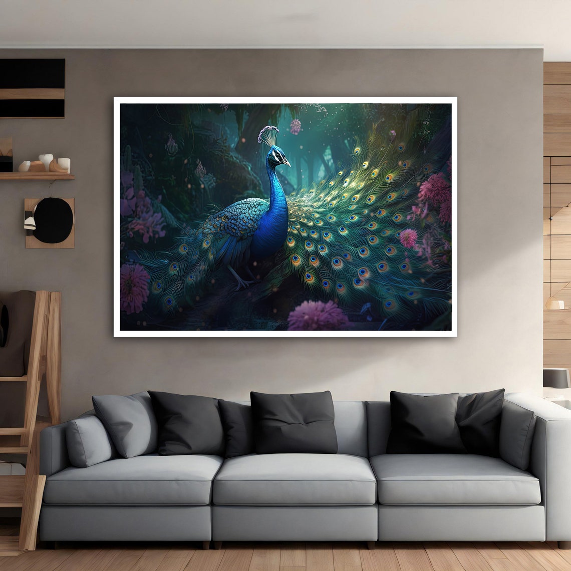 Blue Peacock Dark Forest Pink Flowers Elegant Wildlife Art Poster - Image 5