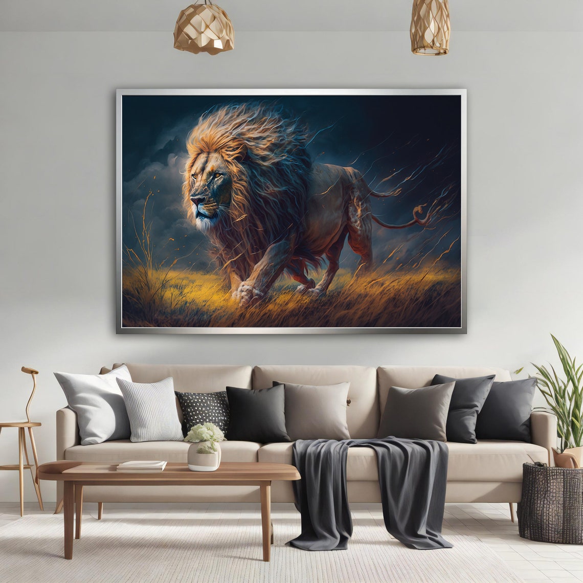 Majestic Lion Running Golden Savanna Night Storm Wildlife Poster - Image 4