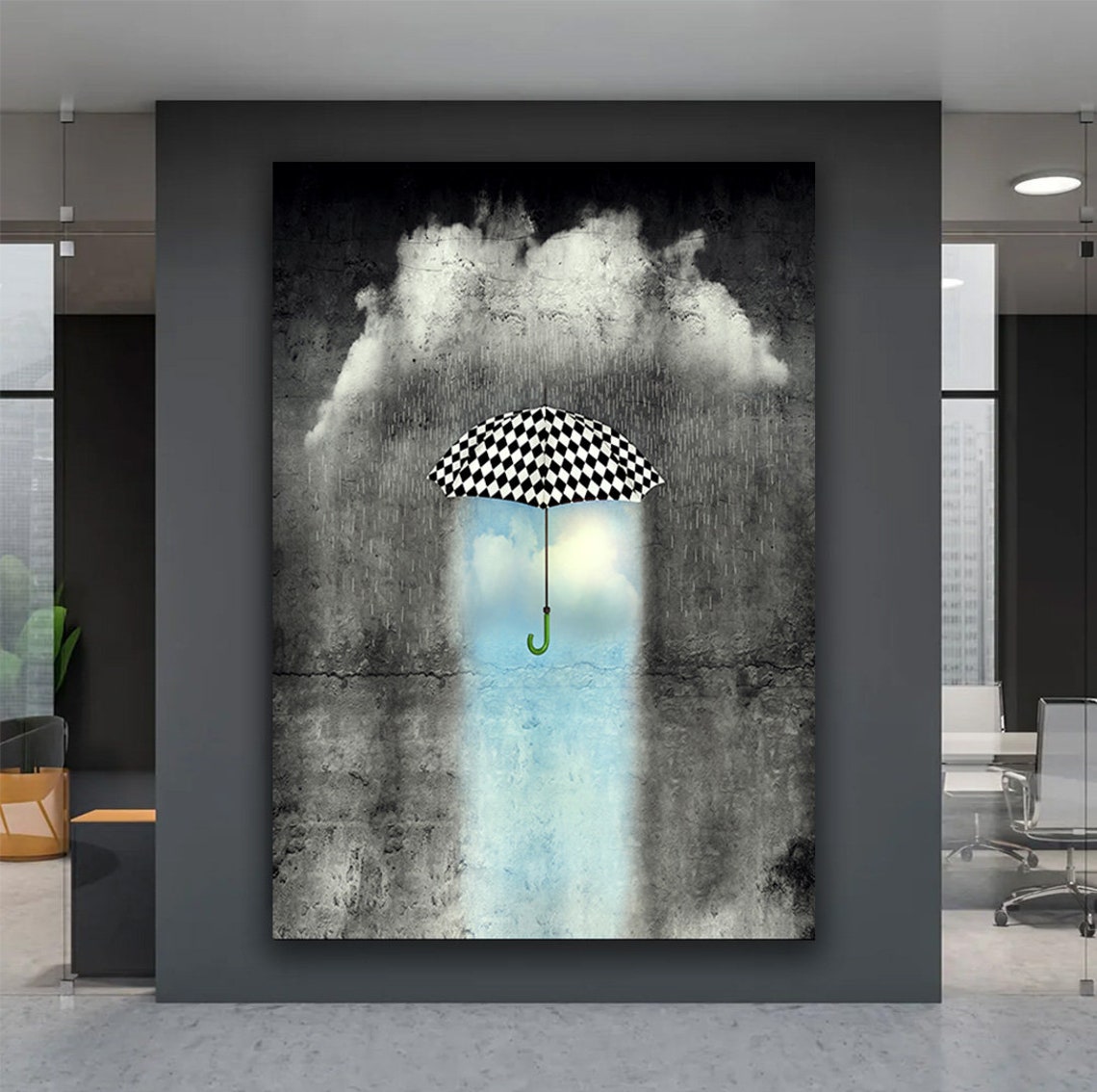 Checkered Umbrella Rain Cloud Surreal Black White Dream Art Poster - Image 5