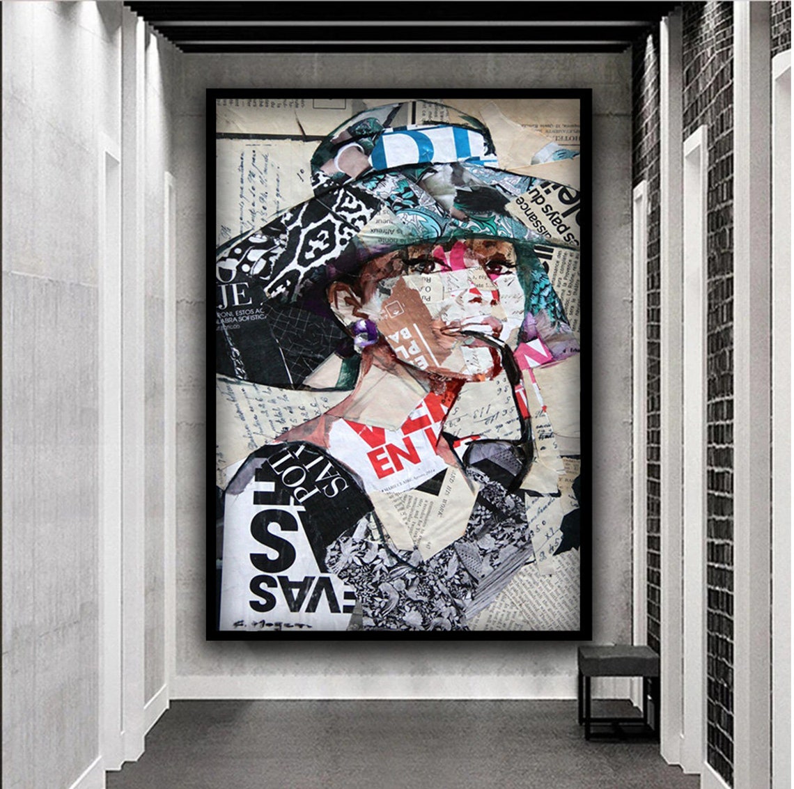 Audrey Hepburn Collage Portrait Wide Brim Hat Newspaper Art Poster - Image 3