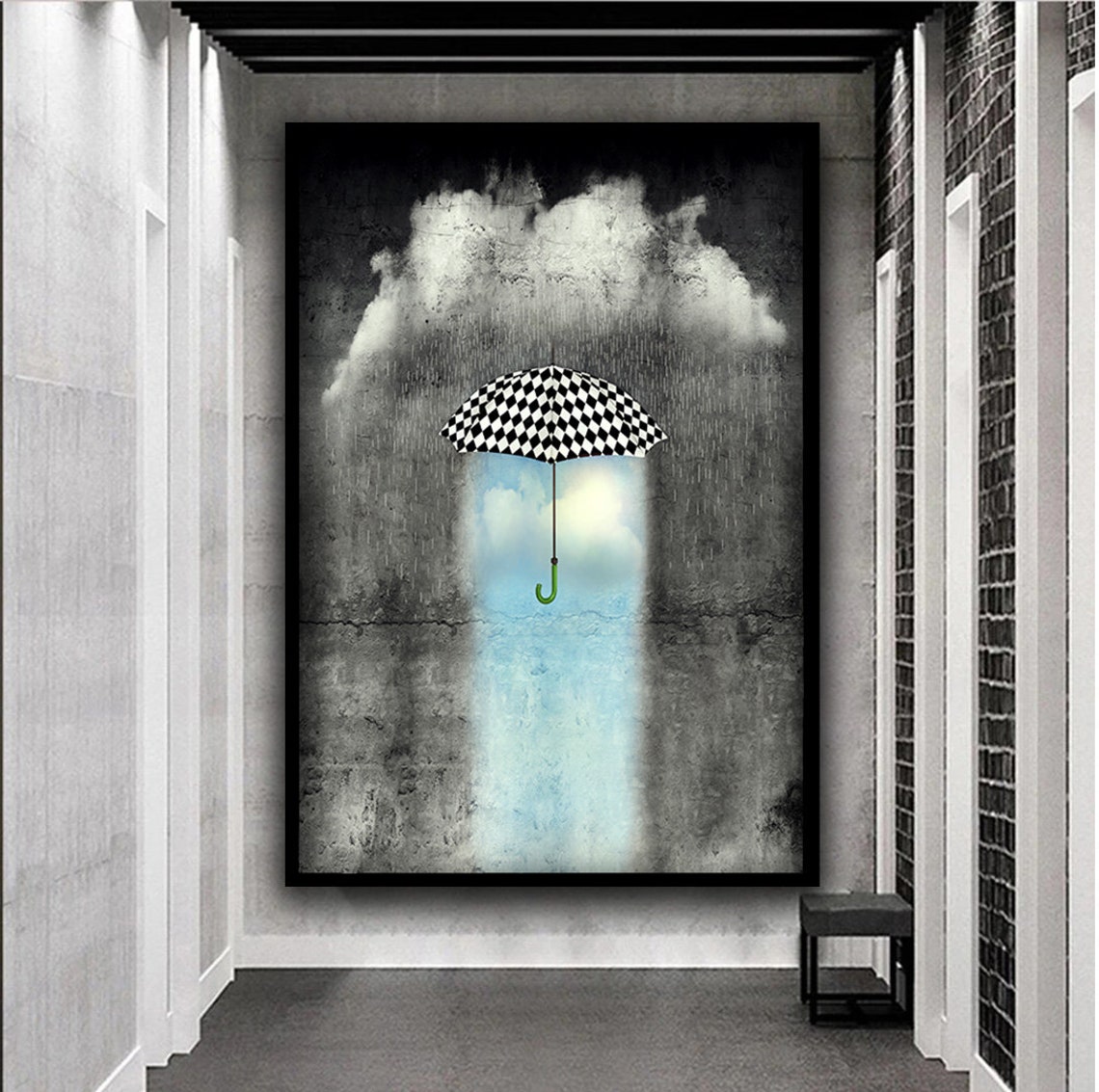 Checkered Umbrella Rain Cloud Surreal Black White Dream Art Poster - Image 2