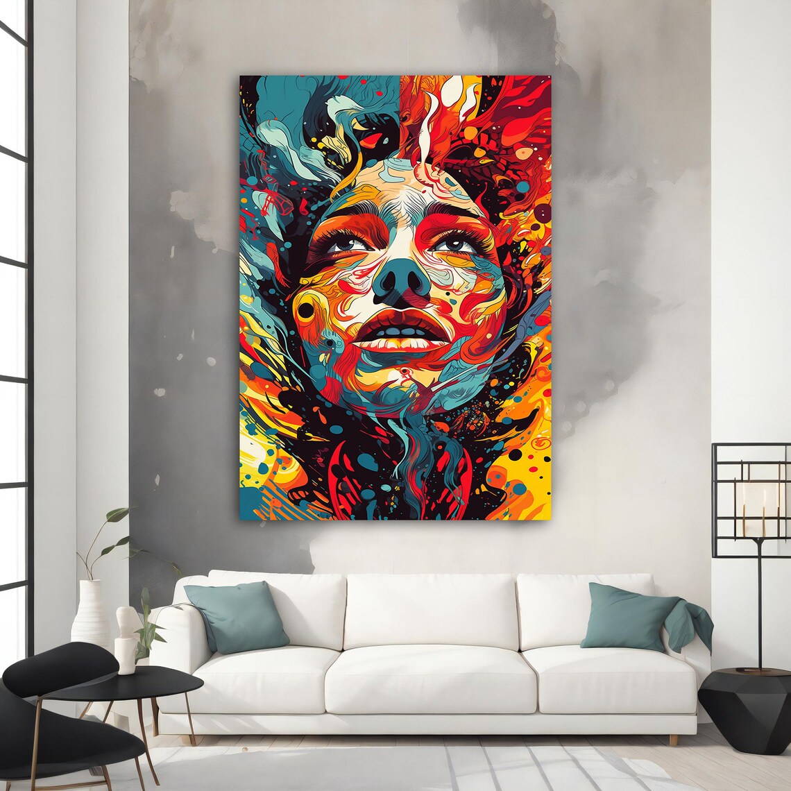 Fiery Abstract Woman Face Colorful Swirl Modern Portrait Wall Art - Image 2