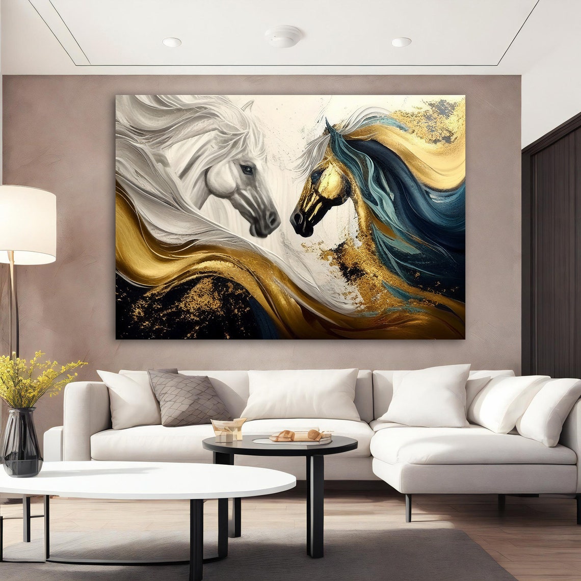 Two Noble Horses Facing Gold White Flowing Manes Animal Poster - Image 3