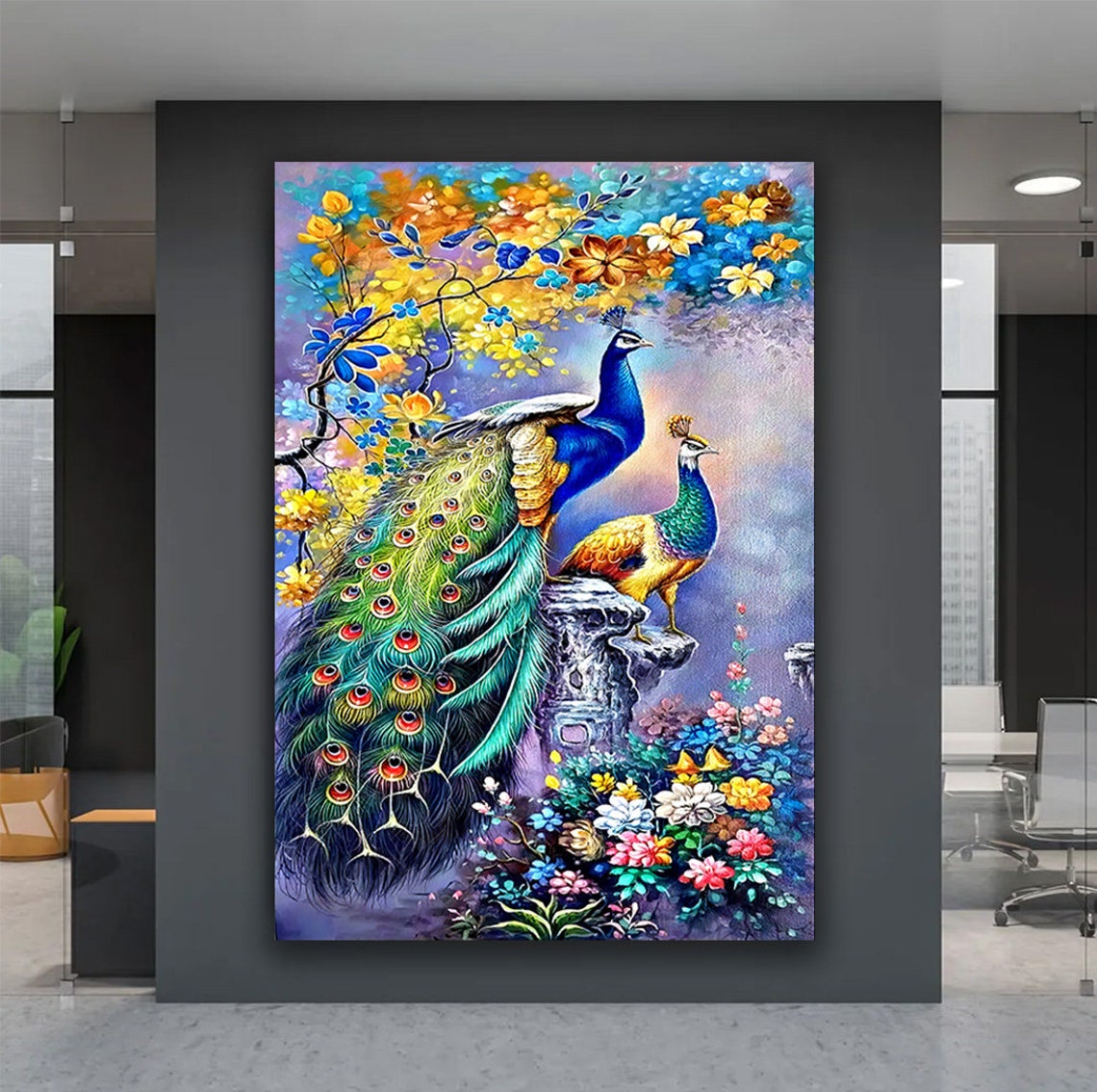 Two Colorful Peacocks Lush Garden Flowers Vibrant Bird Poster - Image 5