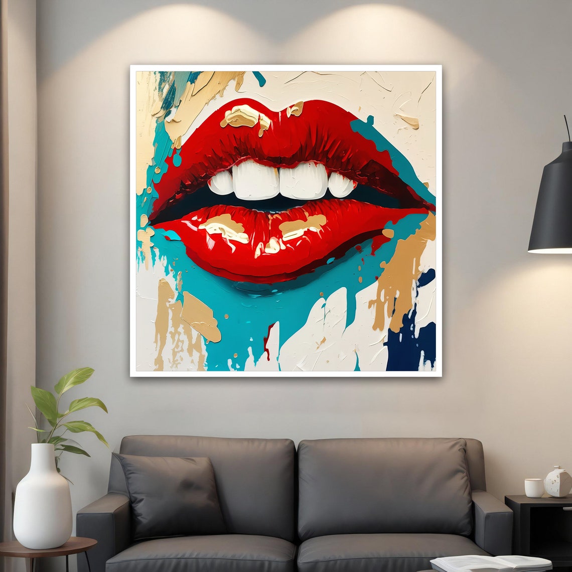 Red Lips Pop Art Painting Teal Splash Bold Glamour Art Poster - Image 5